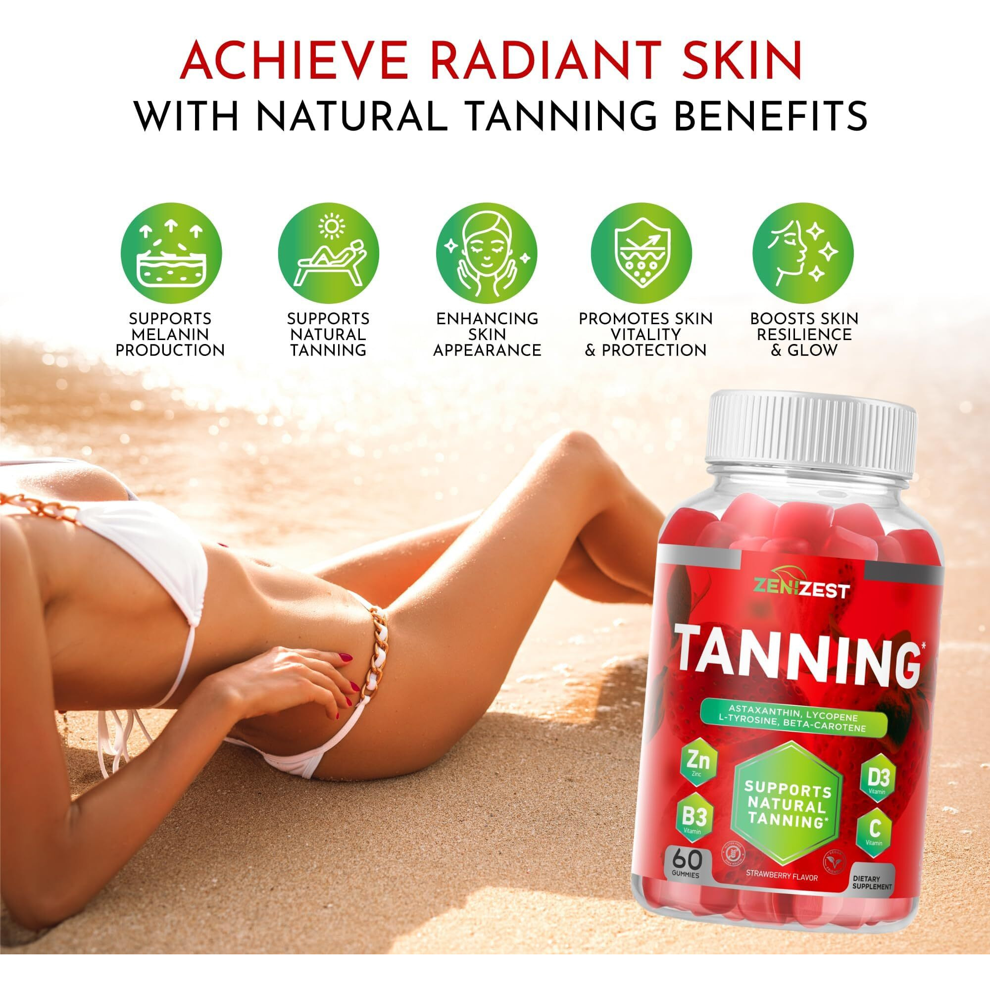 Tanning Gummies For Women - Self Tan Supplement That Work Fast Without Sun - Skin Health Glow Up Sunless Tan Daily Oral Chews - Sugar Free Vegan With Beta Carotene Astaxanthin Lycopene & Vitamins