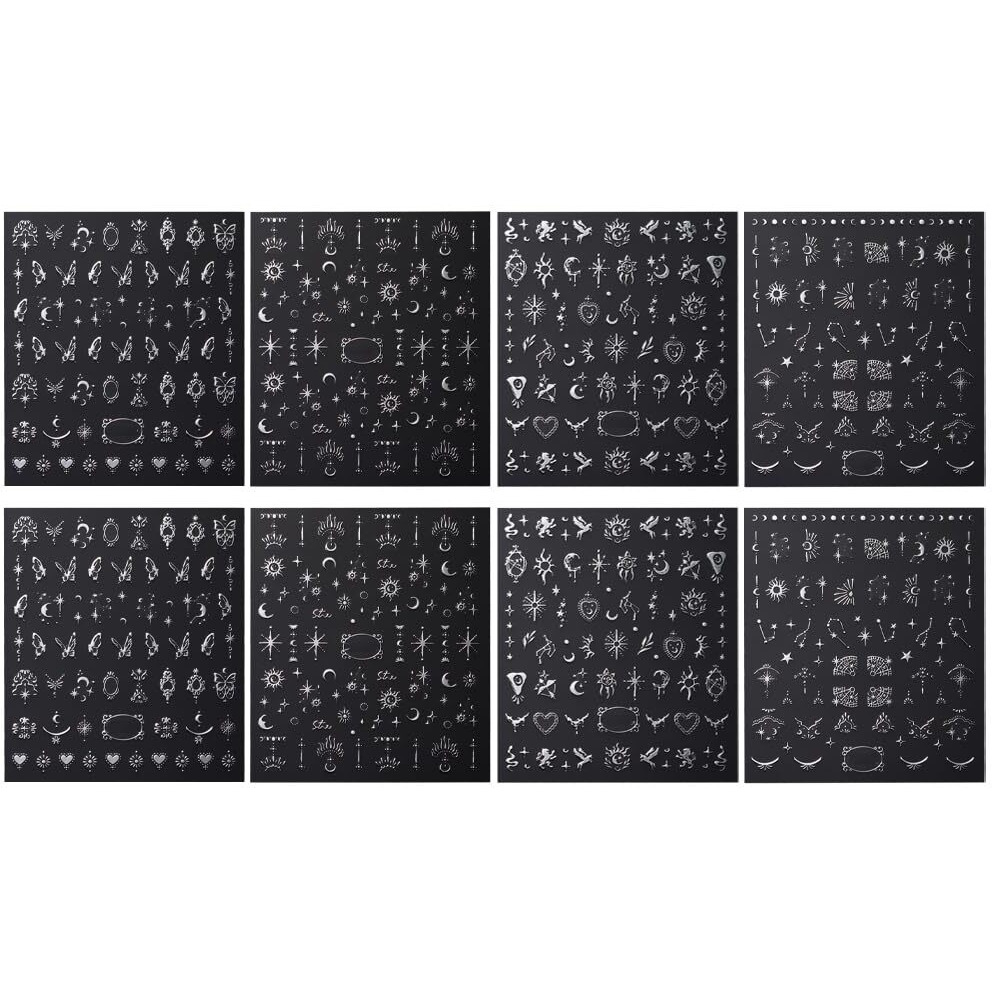 3D Silver Metallic Nail Stickers - Women's Star Moon Sun Nail Decals For Art Design, Butterfly & Boho Decor - Self-Adhesive, Diy Nails, 8 Sheets