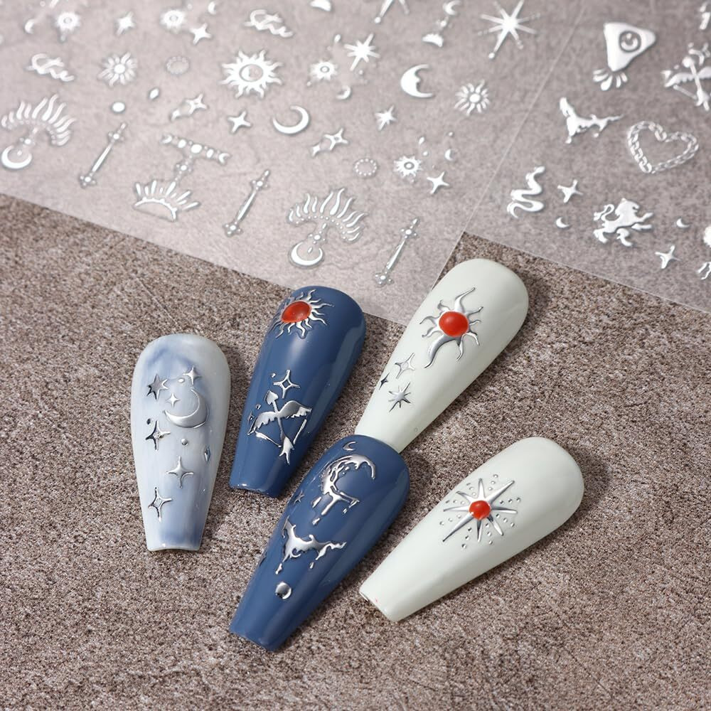 3D Silver Metallic Nail Stickers - Women's Star Moon Sun Nail Decals For Art Design, Butterfly & Boho Decor - Self-Adhesive, Diy Nails, 8 Sheets
