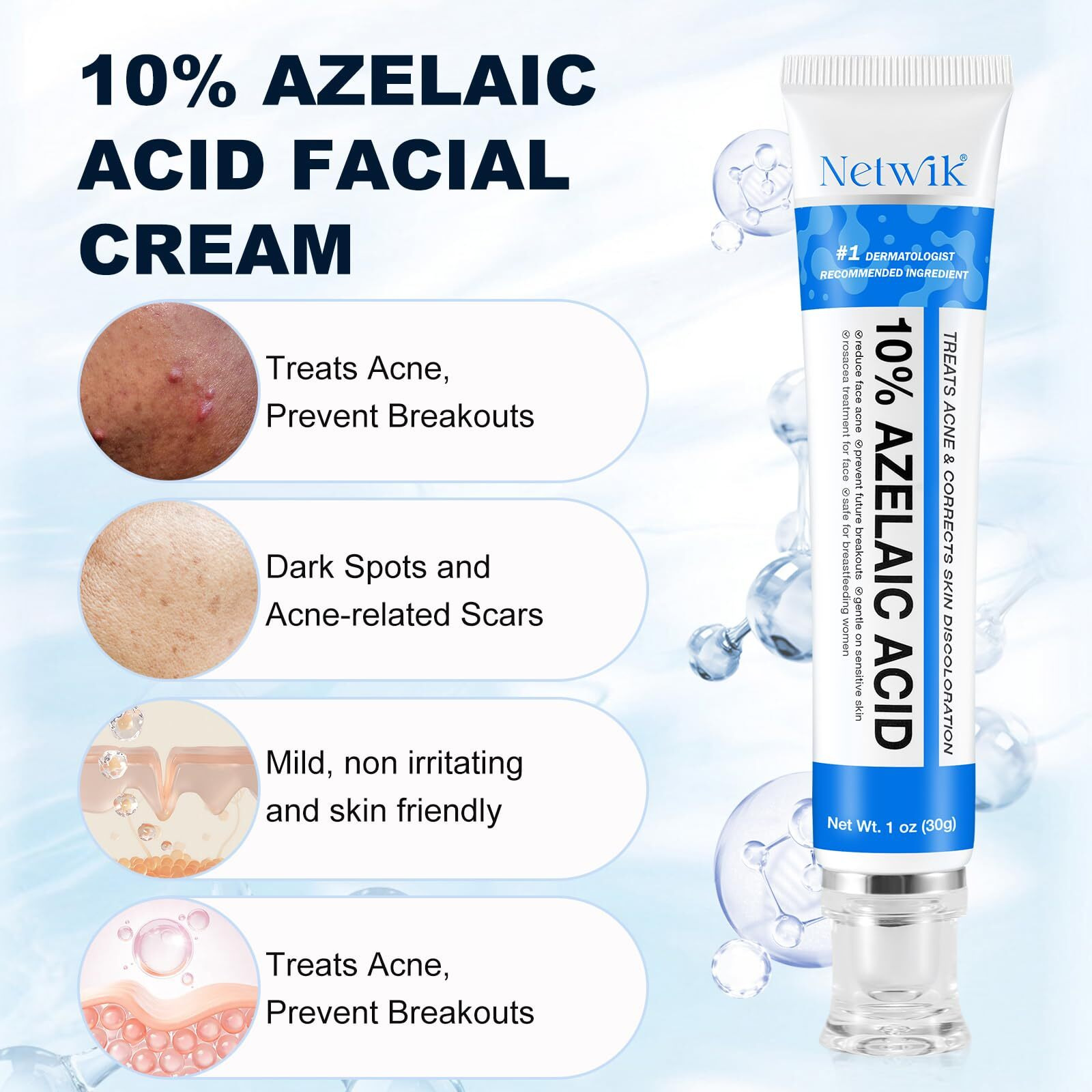 Azelaic Acid 10% Cream For Face - Acne Cream For Rosacea Reducing Relief Pimple Breakouts Blackhead Pigmentation And Redness - Azelaic Acid Gel For Facial And Skin Care