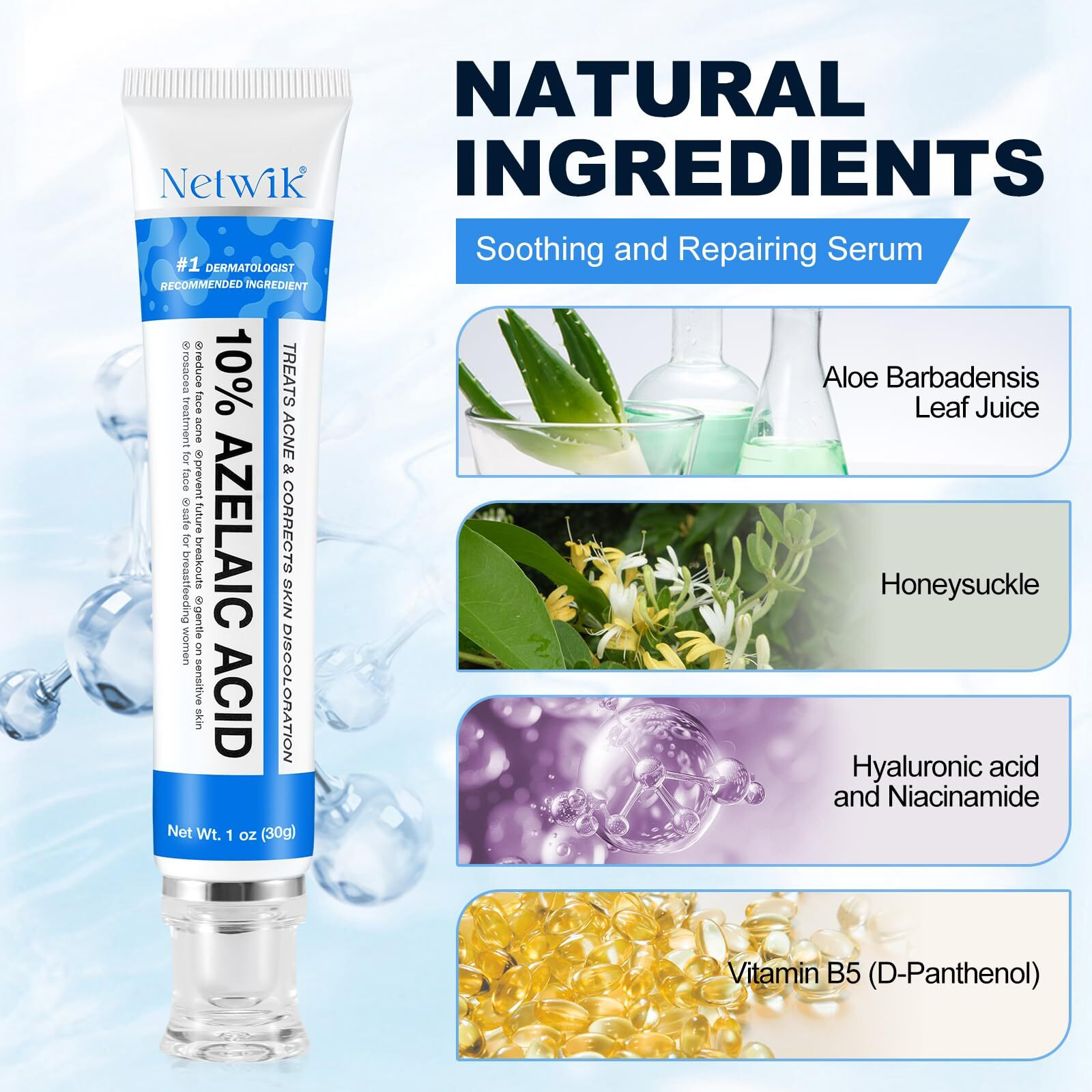 Azelaic Acid 10% Cream For Face - Acne Cream For Rosacea Reducing Relief Pimple Breakouts Blackhead Pigmentation And Redness - Azelaic Acid Gel For Facial And Skin Care