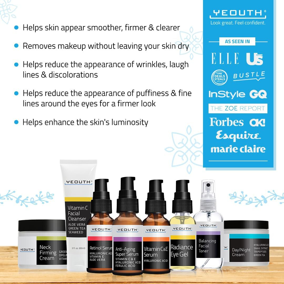 Yeouth Skin Care Set Retinol Serum With Hyaluronic Acid, Vitamin C & Super Face Serum, Cleanser, Toner, Eye Gel, Neck Cream, Face Cream 8-Piece Skincare Kit For Women