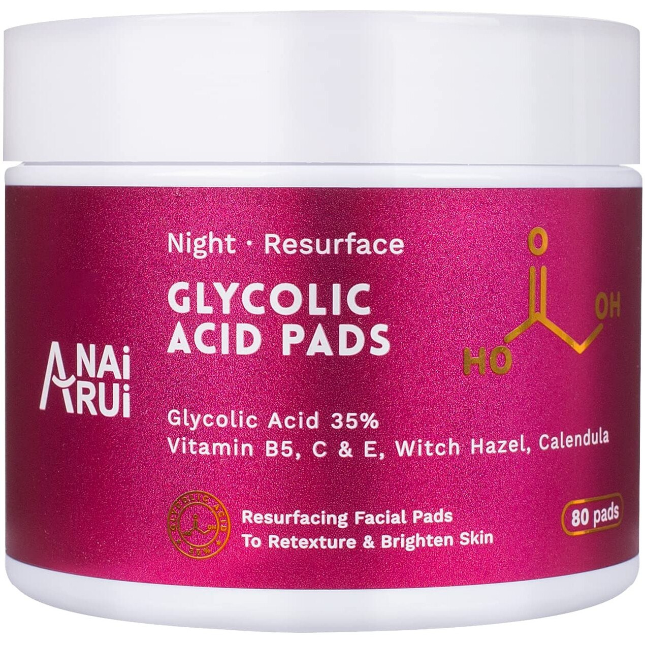 Anai Rui Glycolic Acid Peel Pads 35% Aha Resurfacing Facial With Vitamins B5, Witch Hazel, Calendula - Exfoliating For Face Dark Spots And Reduces Fine Lines - 80 Pads