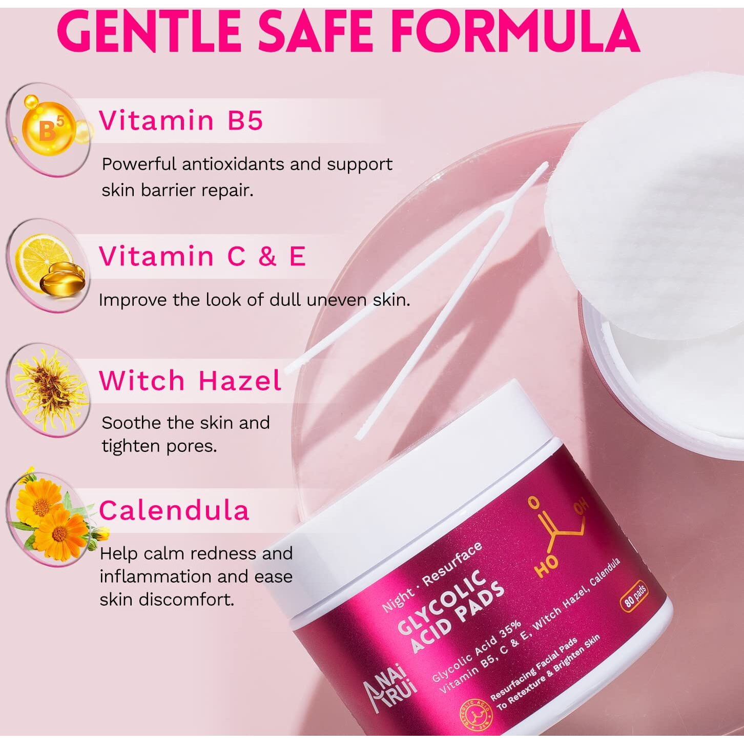 Anai Rui Glycolic Acid Peel Pads 35% Aha Resurfacing Facial With Vitamins B5, Witch Hazel, Calendula - Exfoliating For Face Dark Spots And Reduces Fine Lines - 80 Pads