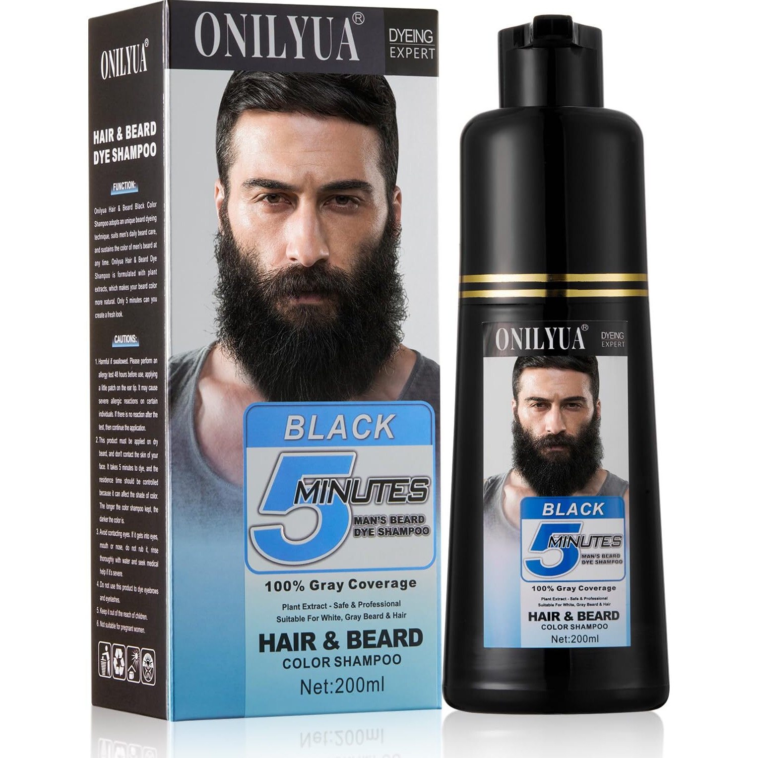 Men's Beard Dye For Men In 5 Minutes, Black Beard Dye Shampoo For Mustache 100% Gray Coverage, Root Touch Up, 3 In 1 Simpler Hair Color For Men, Long Lasting Black Dye Shampoo For Facial Hair, 200 Ml