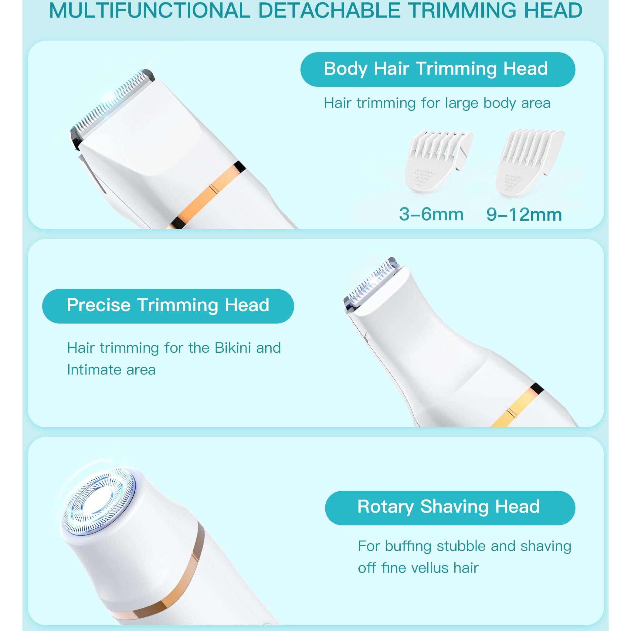 Hebeca Bikini Trimmer For Women, 3In1 Electric Razor For Women With Facial Trimmers & Intimate Shaver For Sensitive Skin, Waterproof Wet & Dry Use Rechargeable Pubic Hair Trimmer Removal