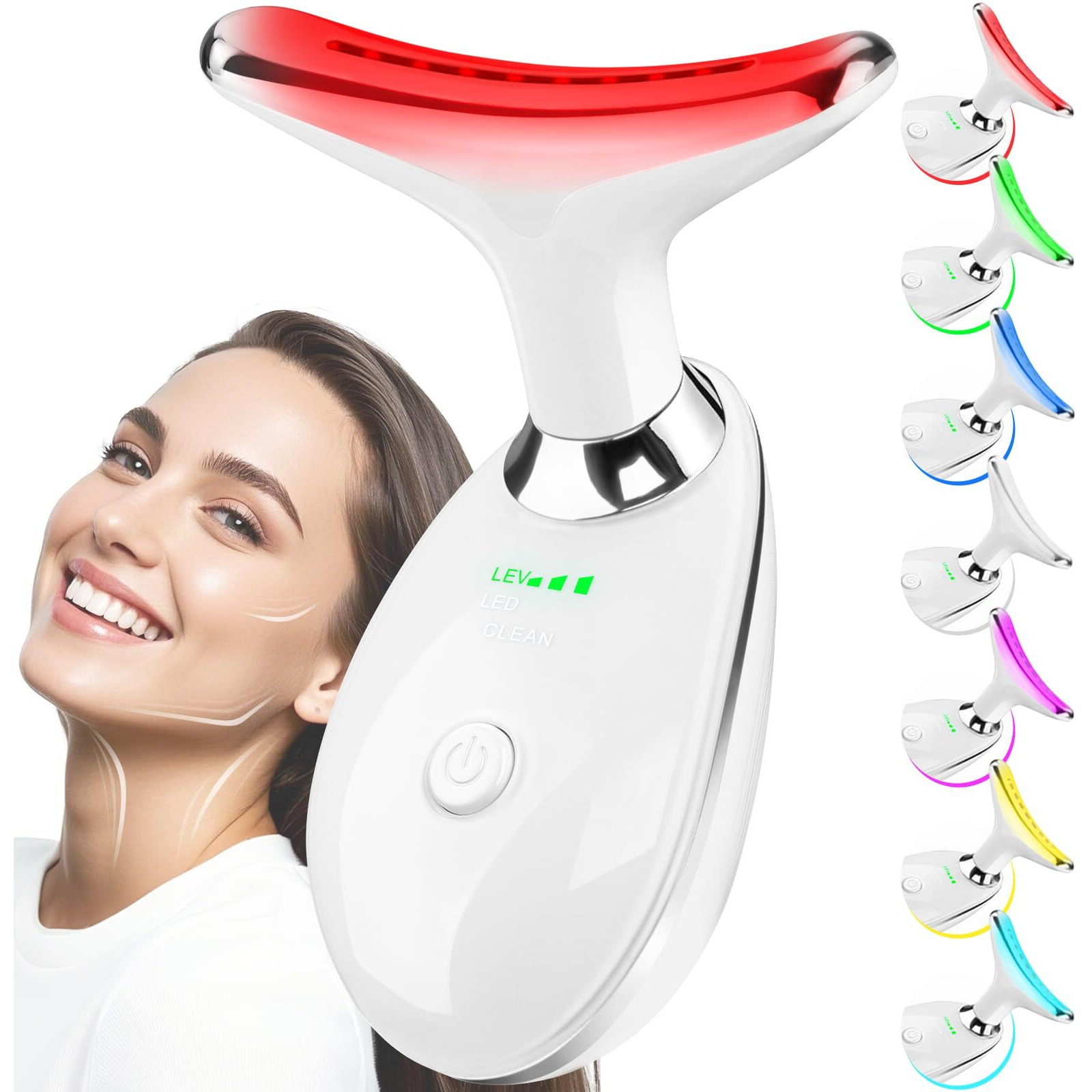 Ocawayee Face And Neck Massager Tool, 7 Colors Led Light Therapy Wand For Wrinkles, Double Chin, Portable Facial Massager With Vibrating And Thermals For Skin Care, Glossy White