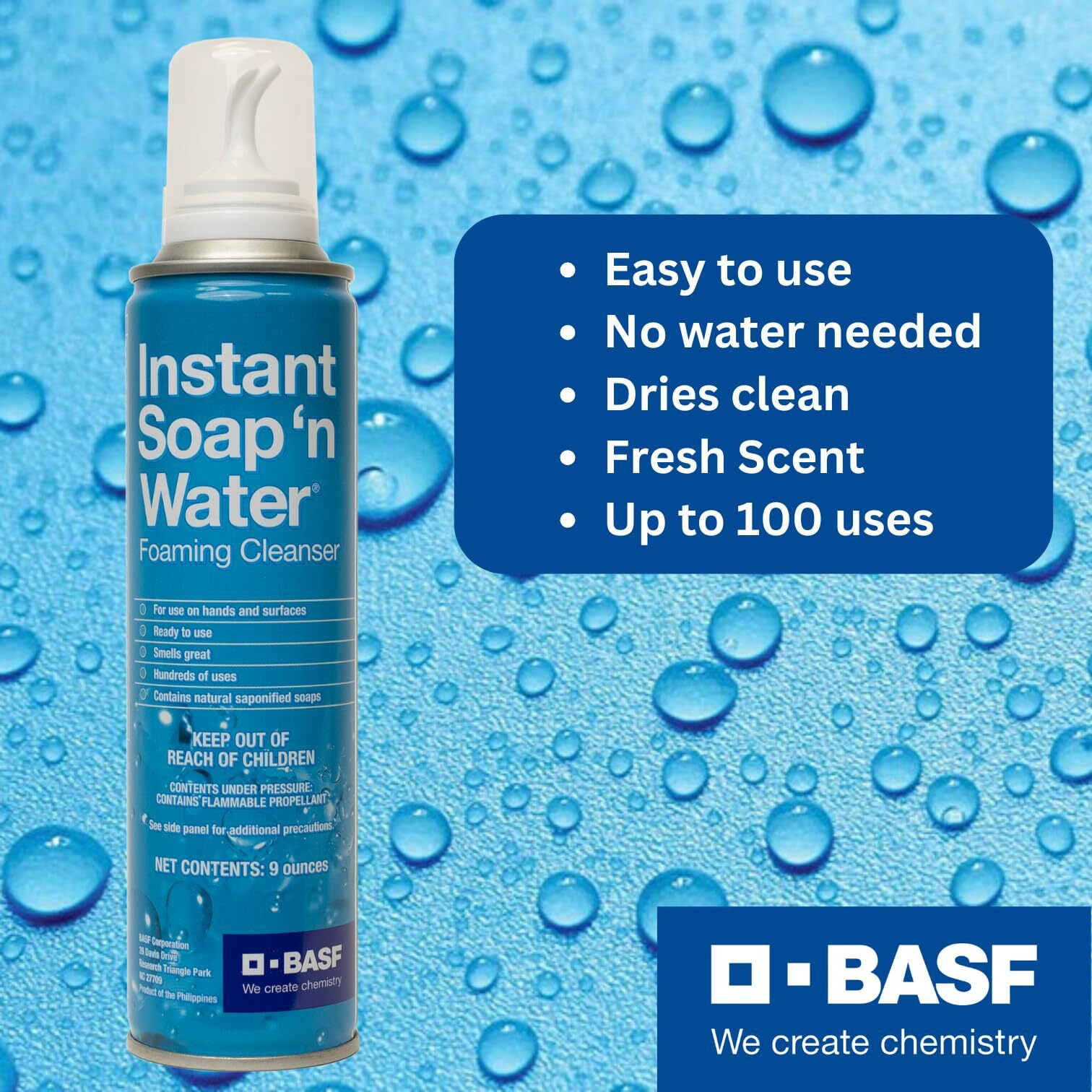 Basf Instant Soap 'N Water, Foaming Hand Cleanser, Ready To Use No Rinse Subtle Scent Skin Cleaner, On The Go, Home, Work, Travel, Up To 100 Washes, 9 Oz