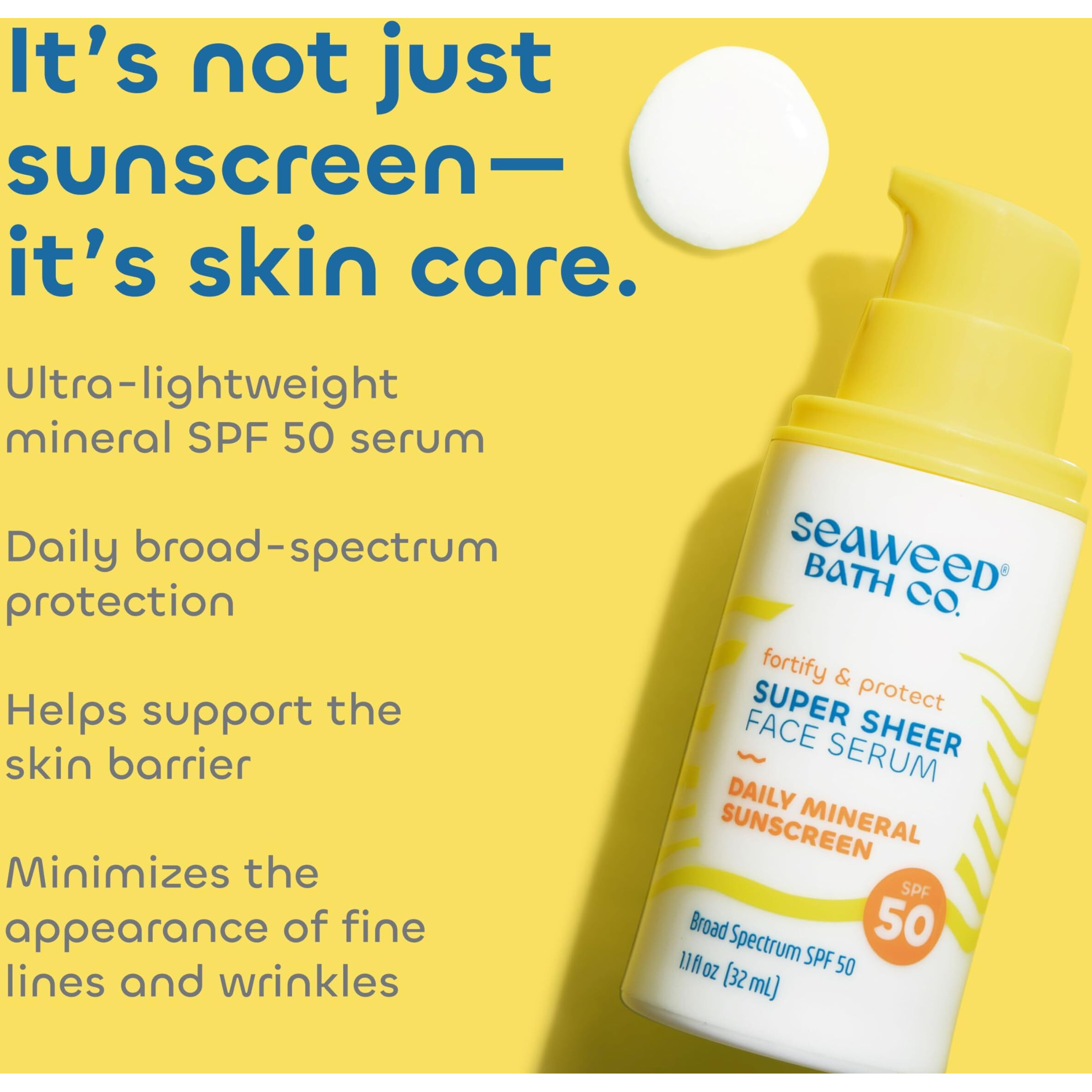 Seaweed Bath Co. Fortify & Protect Super Sheer Face Serum Spf 50 Broad Spectrum Zinc Oxide Facial Sunscreen, 1.1 Ounce, Non-Tinted, Sustainably Harvested Seaweed, Collagen, Ceramides