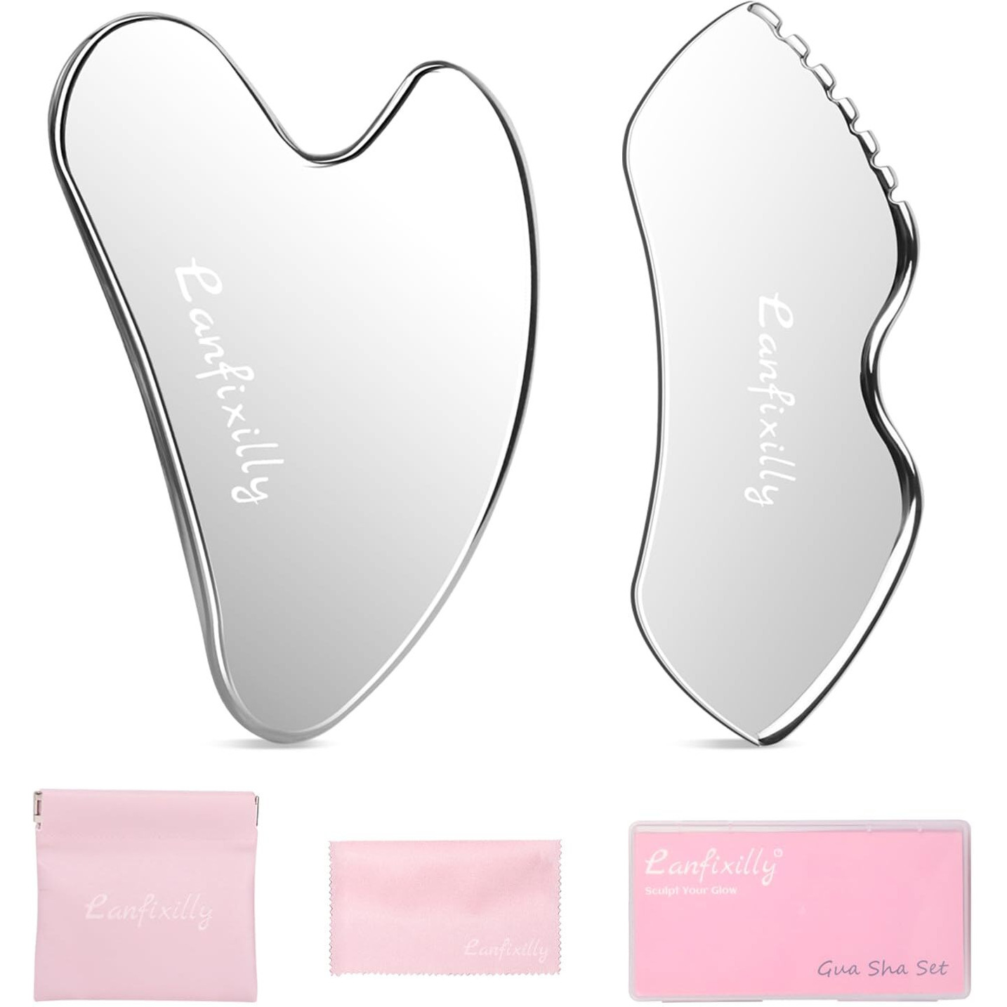 Lanfixilly 2Pcs Stainless Steel Gua Sha, Gua Sha Facial Tools For Face Sculpting, Metal Gua Sha Skin Care, Massage Gift For Women