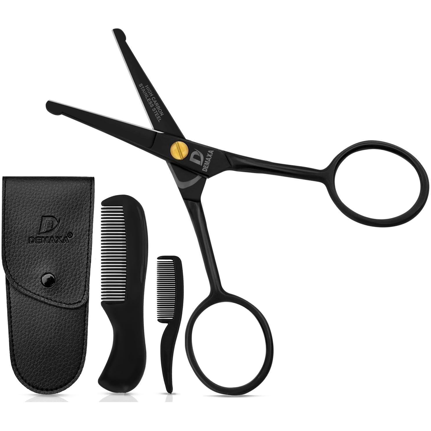 Demaxa 4.5"" Round Tip Safety Mustache Scissors Beard Scissors With 1 Mustache Comb, 1 Beard Comb & Soft Pouch - Best Facial Hair Shears For Beard Mustache Trimming Nose & Ear Hair