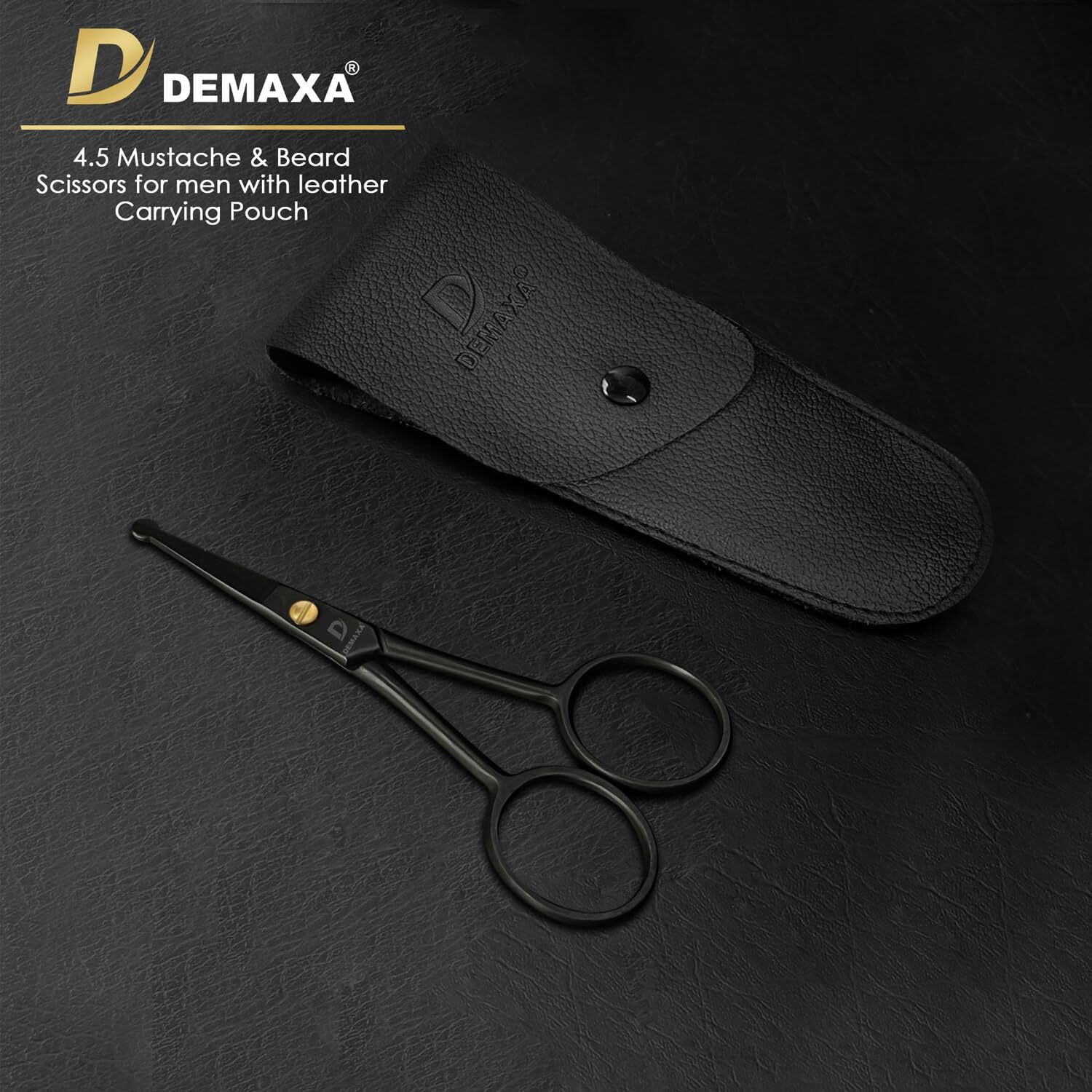 Demaxa 4.5"" Round Tip Safety Mustache Scissors Beard Scissors With 1 Mustache Comb, 1 Beard Comb & Soft Pouch - Best Facial Hair Shears For Beard Mustache Trimming Nose & Ear Hair