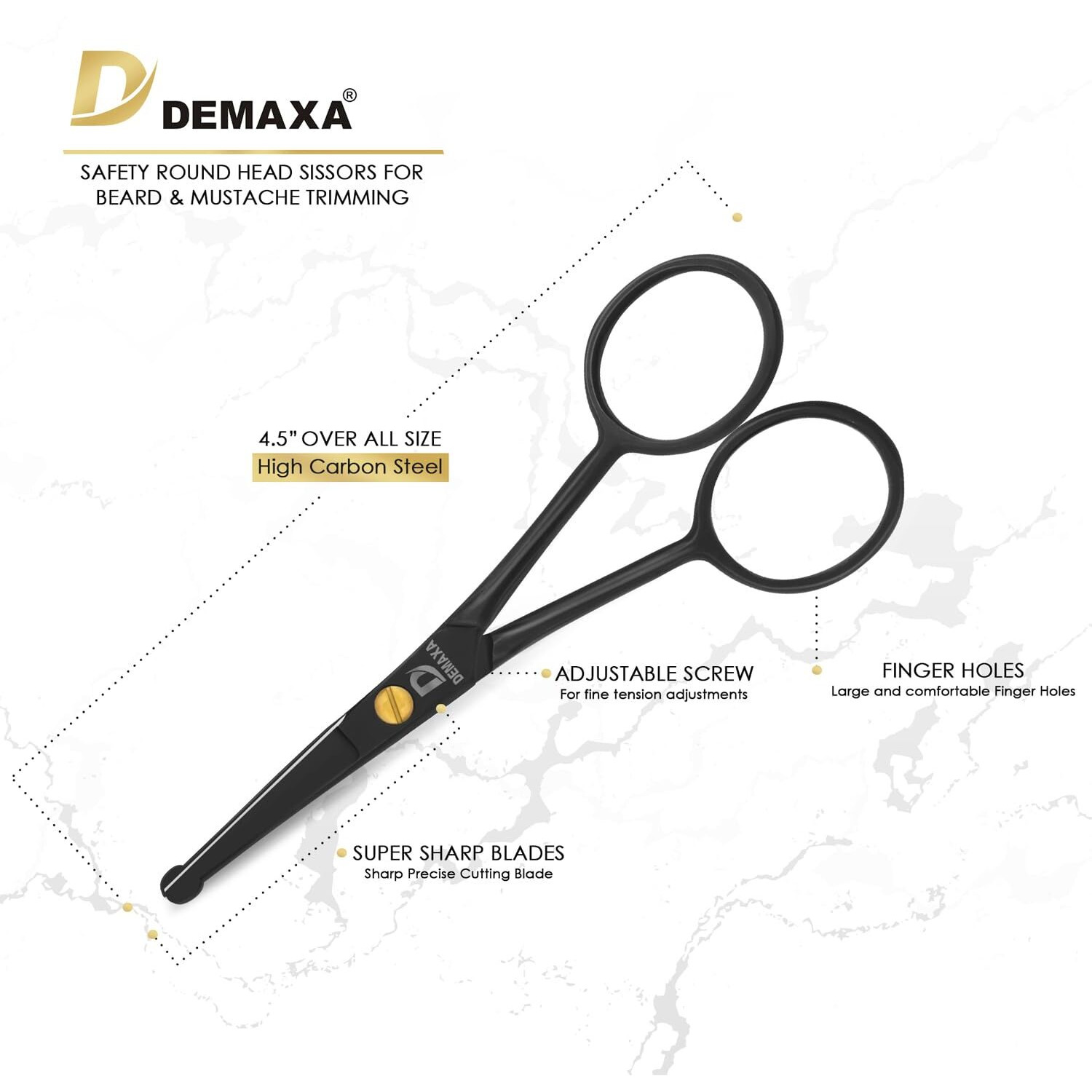 Demaxa 4.5"" Round Tip Safety Mustache Scissors Beard Scissors With 1 Mustache Comb, 1 Beard Comb & Soft Pouch - Best Facial Hair Shears For Beard Mustache Trimming Nose & Ear Hair