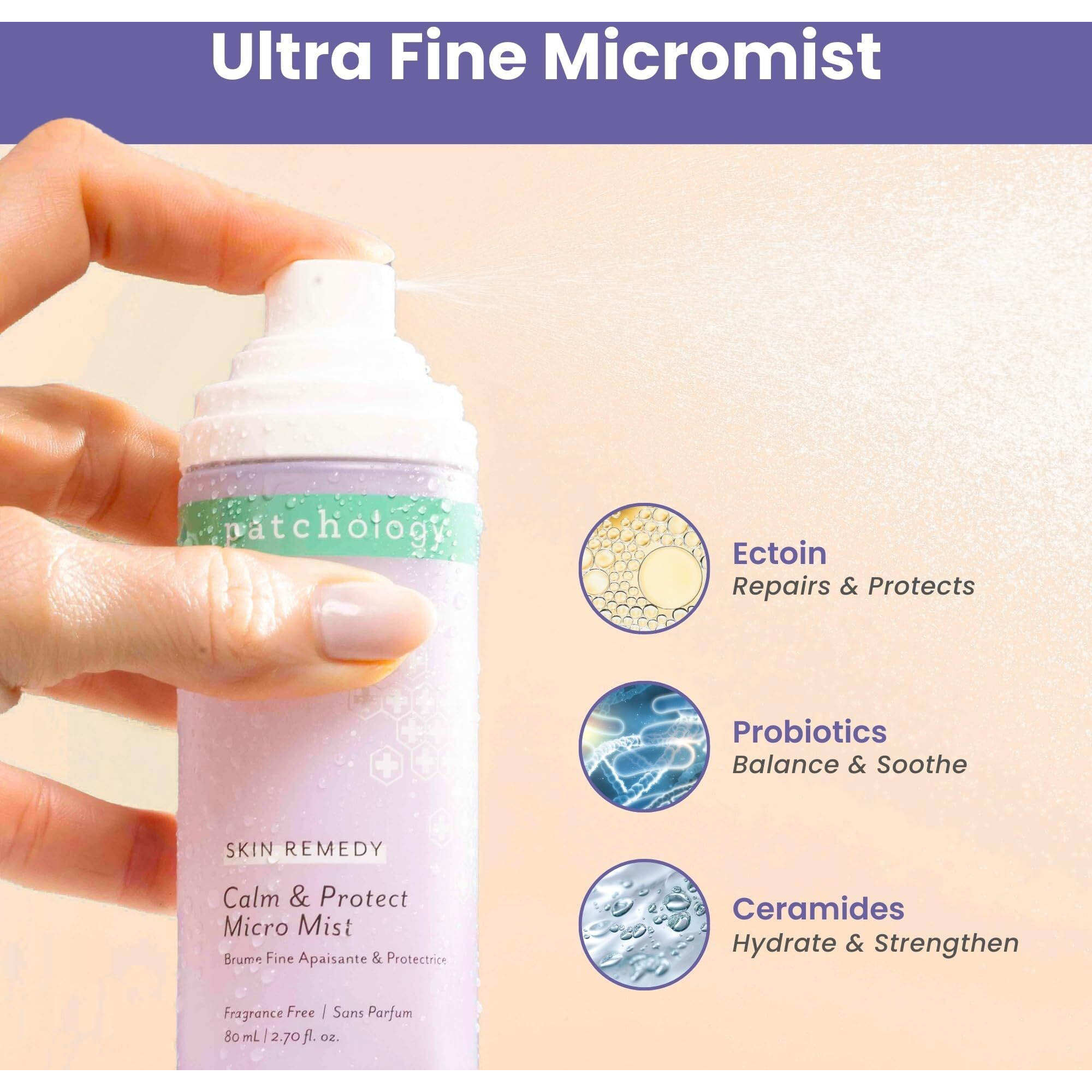 Patchology Skin Remedy Calm & Protect Micro Mist - Hydrating Facial Spray With Ectoin, Probiotics & Botanical Blend - Fragrance Free - Refines Pores & Leaves A Fresh Glow - 80 Ml