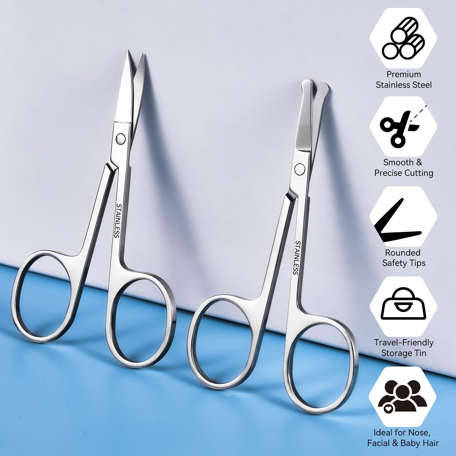 Familife Facial Hair Trimming Scissors Set For Men & Women - Eyebrow, Nose, Mustache, Beard, Eyelash - 2Pcs Premium Stainless Steel Scissors With Curved & Straight Blades + Metal Storage Box