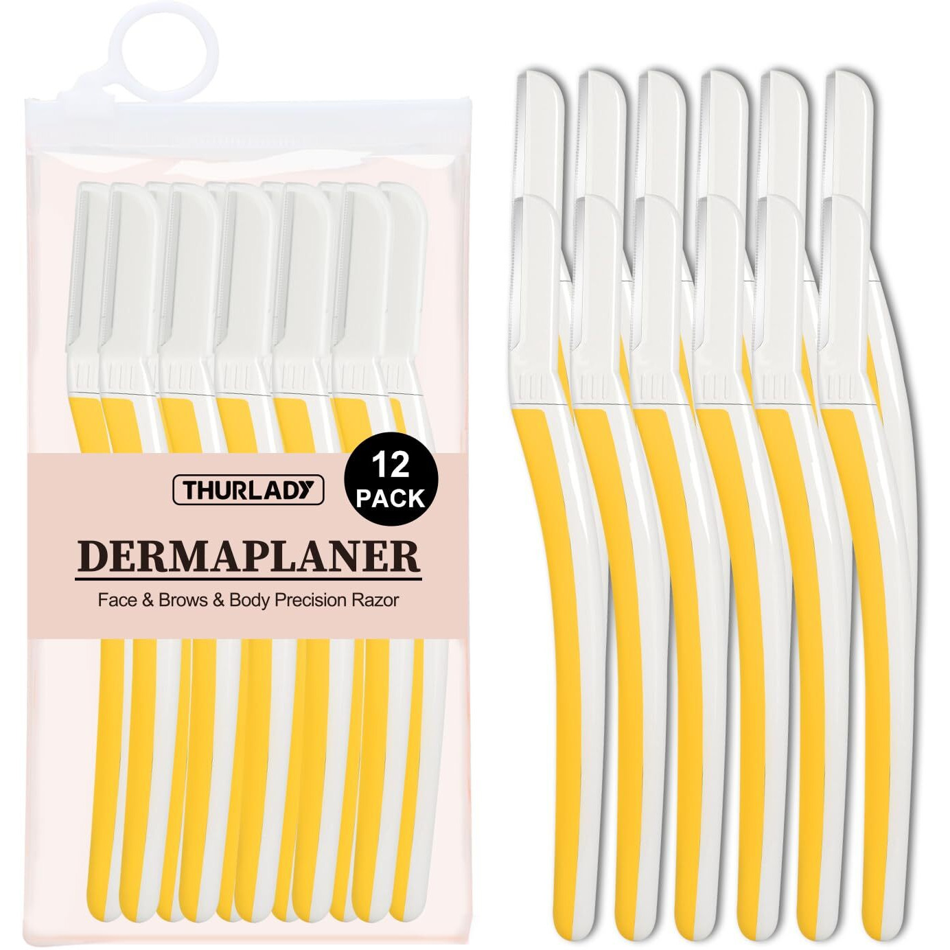 Thurlady Face Razors For Women Dermaplaning, Dermaplane Razor For Women Face, Eyebrow & Facial Razors, Peach Fuzz Remover, Gentle Exfoliating Microblades, For Sensitive Skin (Pack Of 12, Solar Veil)