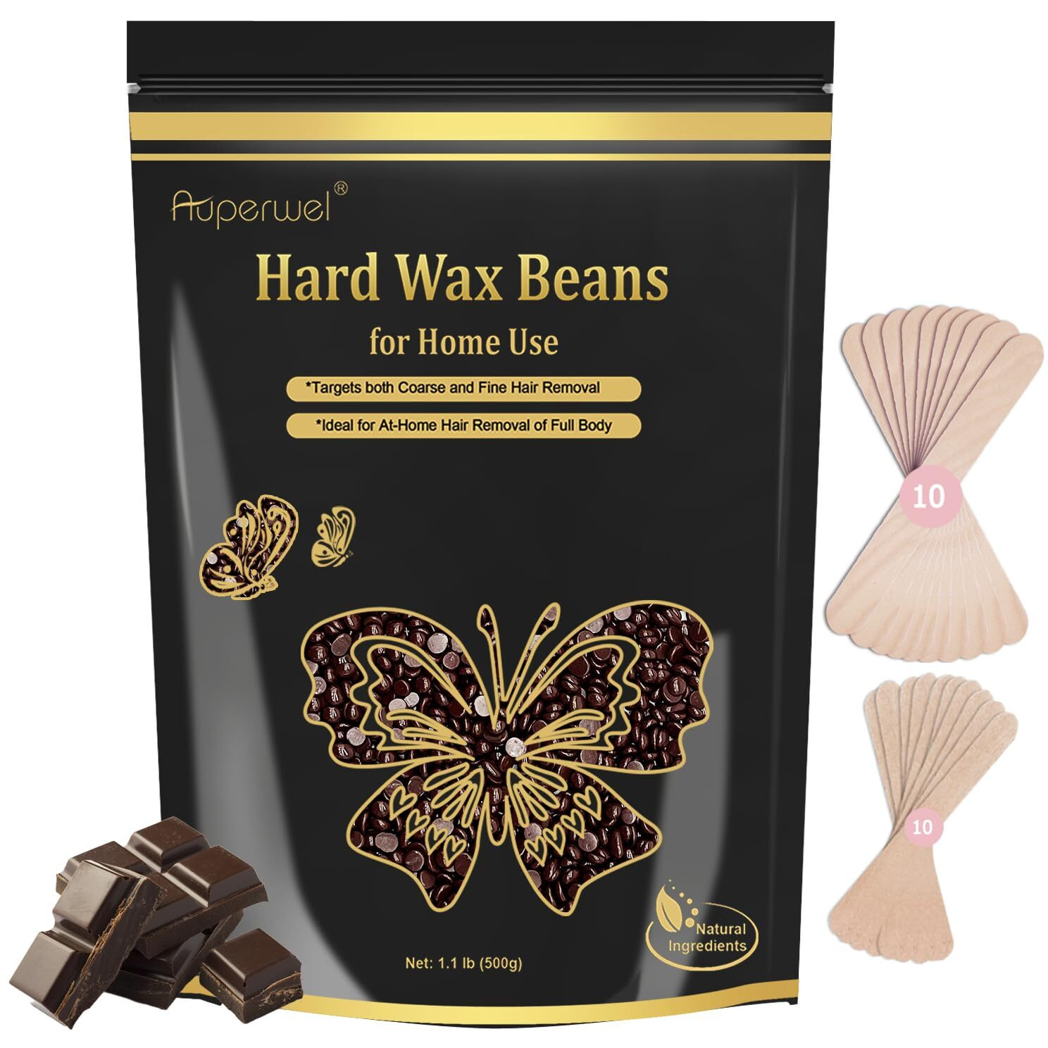 Wax Beads For Hair Removal, Wax Beads For Sensitive Skin, 1Lb Painless Waxing Beans For Bikini, Eyebrow Facial For At Home Pearl Waxing Beads With 20 Spatulas For Women Men (Chocolate)