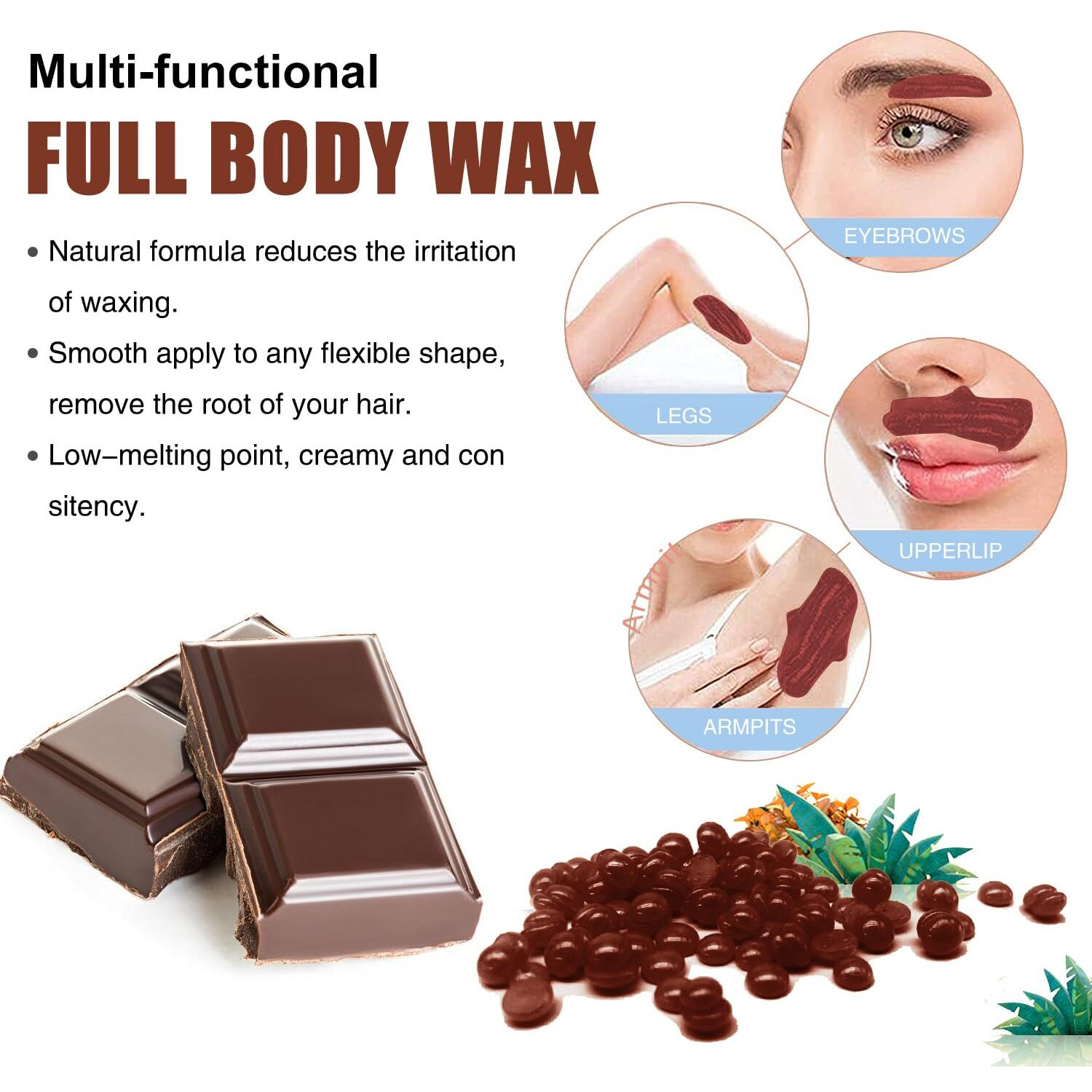 Wax Beads For Hair Removal, Wax Beads For Sensitive Skin, 1Lb Painless Waxing Beans For Bikini, Eyebrow Facial For At Home Pearl Waxing Beads With 20 Spatulas For Women Men (Chocolate)