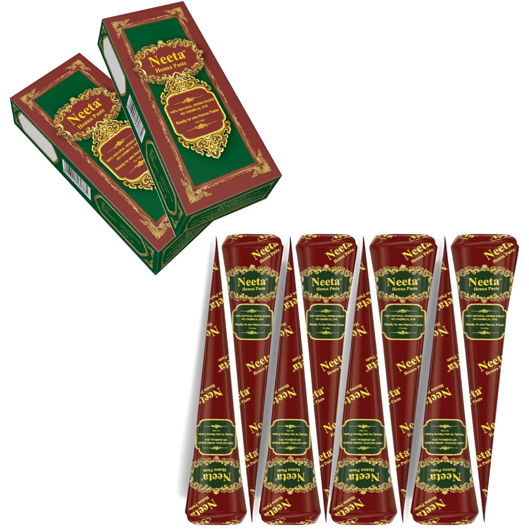 Neeta 8 Pack 100% Natural Ready To Use Henna Paste Hair Dye Cones Reddish Brown Color Tubes Color For Women Perfect For Spot Hair Coloring, Long-Lasting And Cruelty-Free