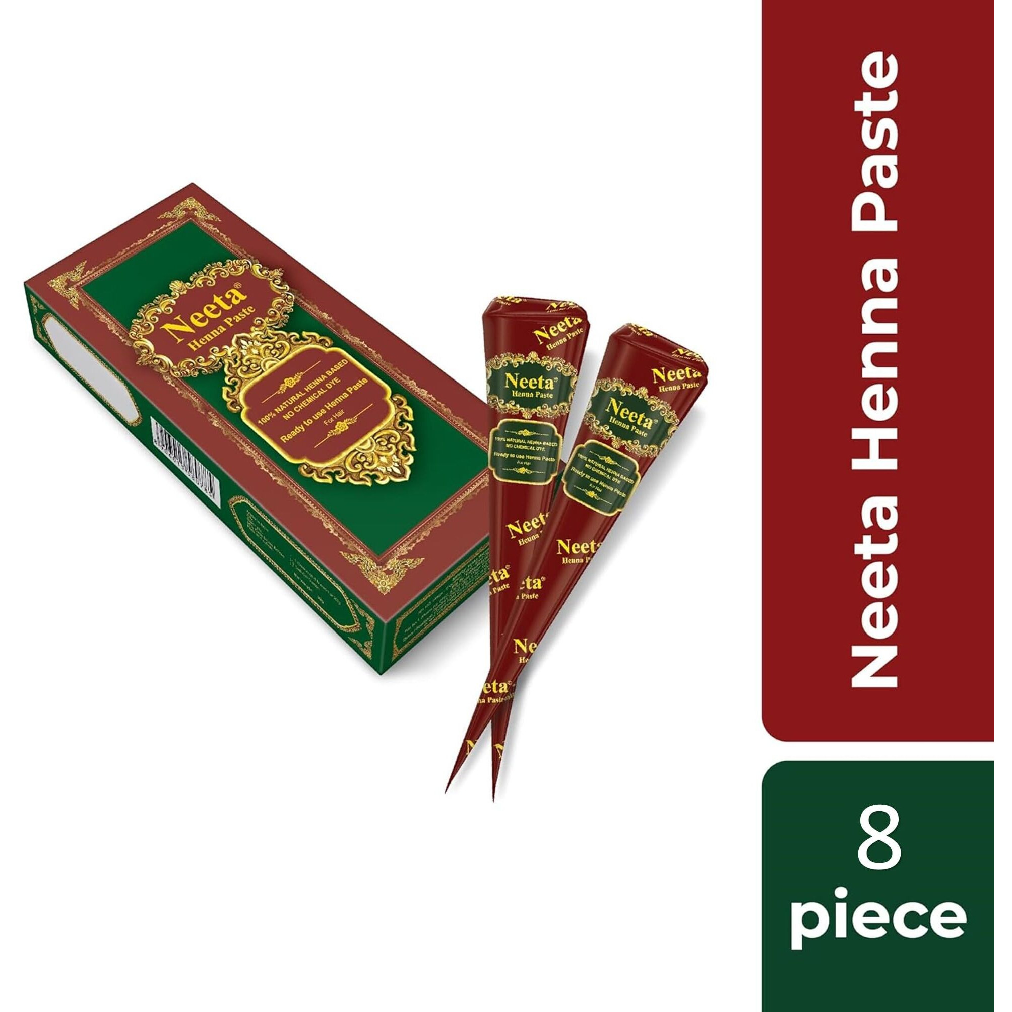 Neeta 8 Pack 100% Natural Ready To Use Henna Paste Hair Dye Cones Reddish Brown Color Tubes Color For Women Perfect For Spot Hair Coloring, Long-Lasting And Cruelty-Free