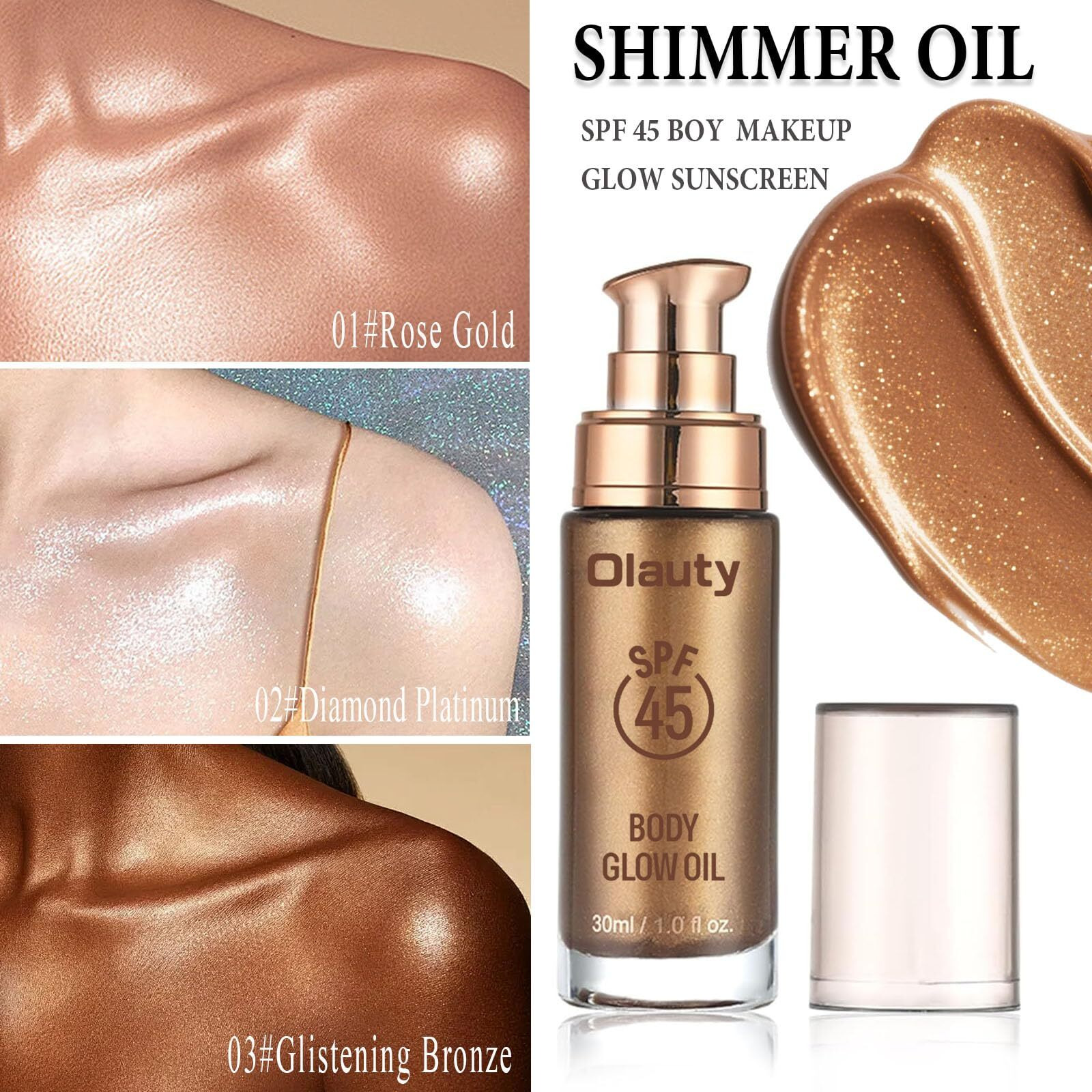 Shimmer Oil, Spf 45 Sunscreen Body Makeup Waterproof No Transfer Body Luminizer Lotion Glow For Women, Liquid Illuminator Bronzer, Long-Lasting, Radiance Skin (01Rose Gold)