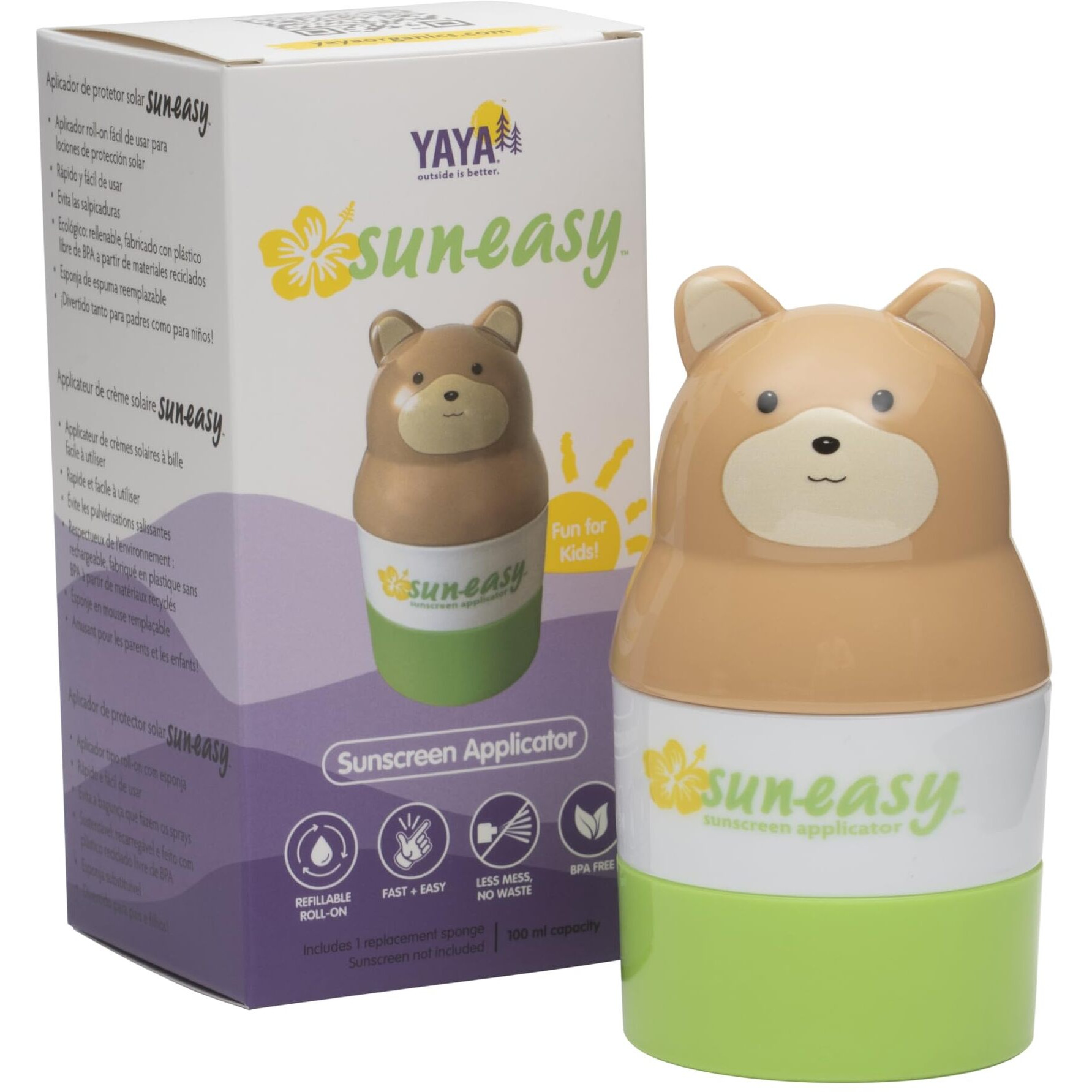 Sun-Easy Sunscreen Applicator, Refillable Roll-On With Sponge For Kids And Babies, Fun, Fast And Mess-Free Application, Holds 100 Ml, Bear/Green Cap
