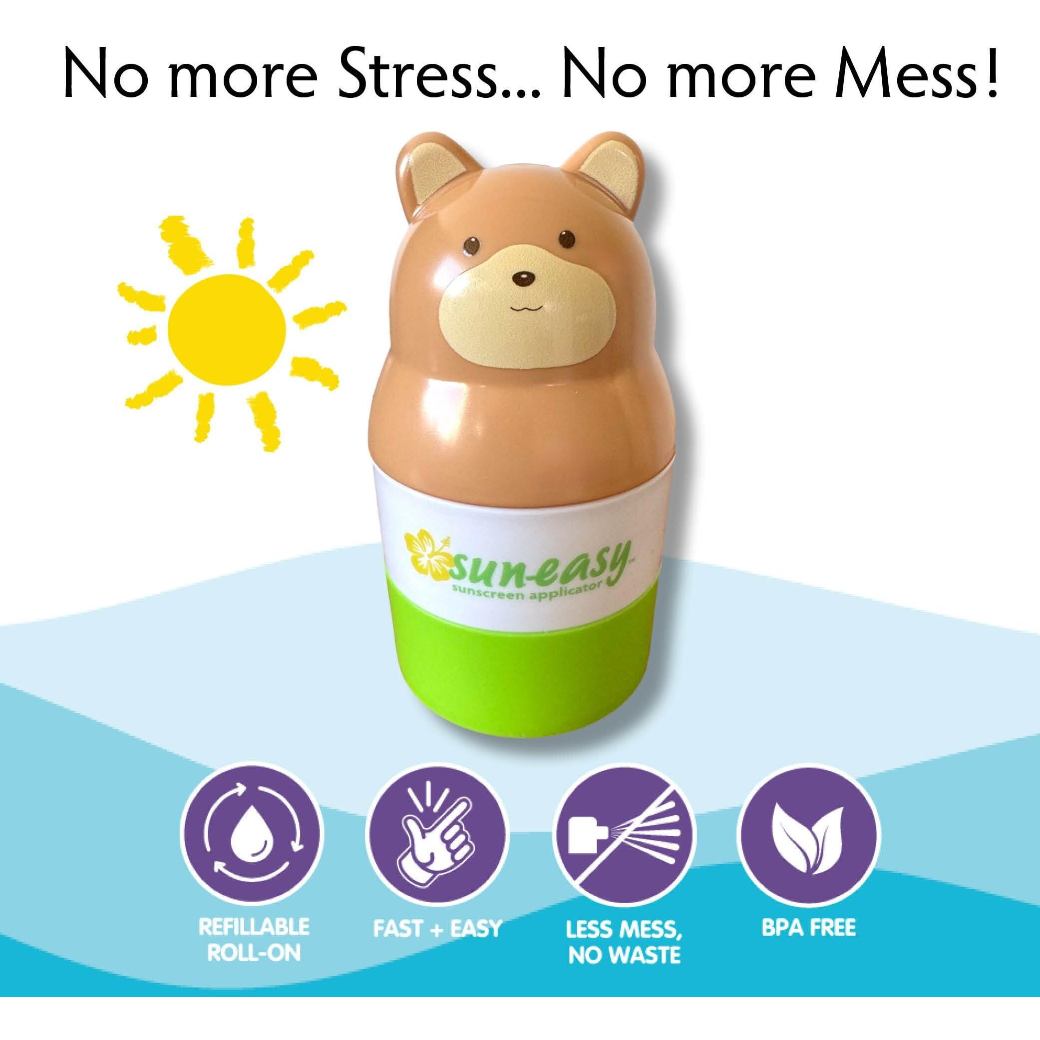 Sun-Easy Sunscreen Applicator, Refillable Roll-On With Sponge For Kids And Babies, Fun, Fast And Mess-Free Application, Holds 100 Ml, Bear/Green Cap