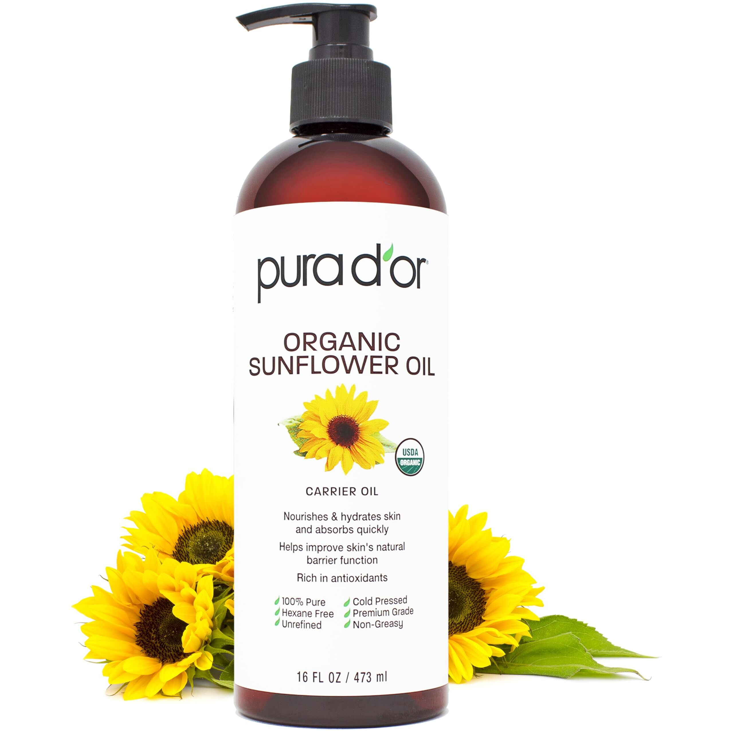 Pura D'Or 16 Oz Organic Sunflower Seed Oil - 100% Pure & Natural Usda Certified Cold Pressed Carrier Oil For Diy Beauty - Unscented, Hexane Free Liquid Moisturizer - Face Skin & Hair - Men & Women