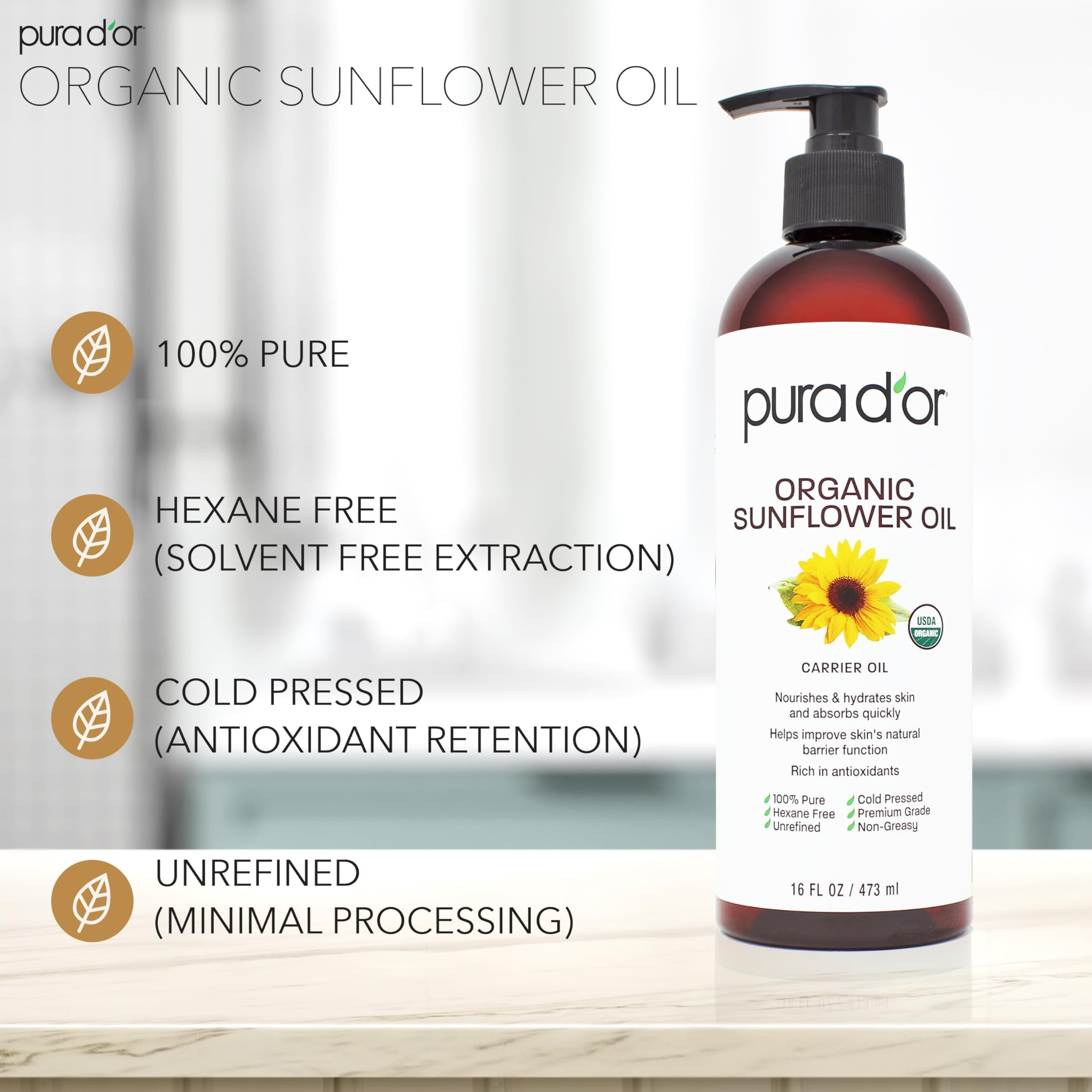 Pura D'Or 16 Oz Organic Sunflower Seed Oil - 100% Pure & Natural Usda Certified Cold Pressed Carrier Oil For Diy Beauty - Unscented, Hexane Free Liquid Moisturizer - Face Skin & Hair - Men & Women