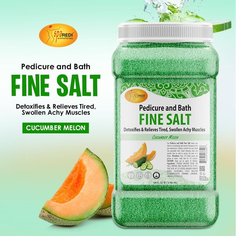 Spa Redi - Detox Foot Soak Pedicure And Bath Fine Salt, Cucumber And Melon, 128 Oz - Made With Dead Sea Salts, Argan Oil, Coconut Oil, And Essential Oil - Hydrates, Softens And Moisturizes