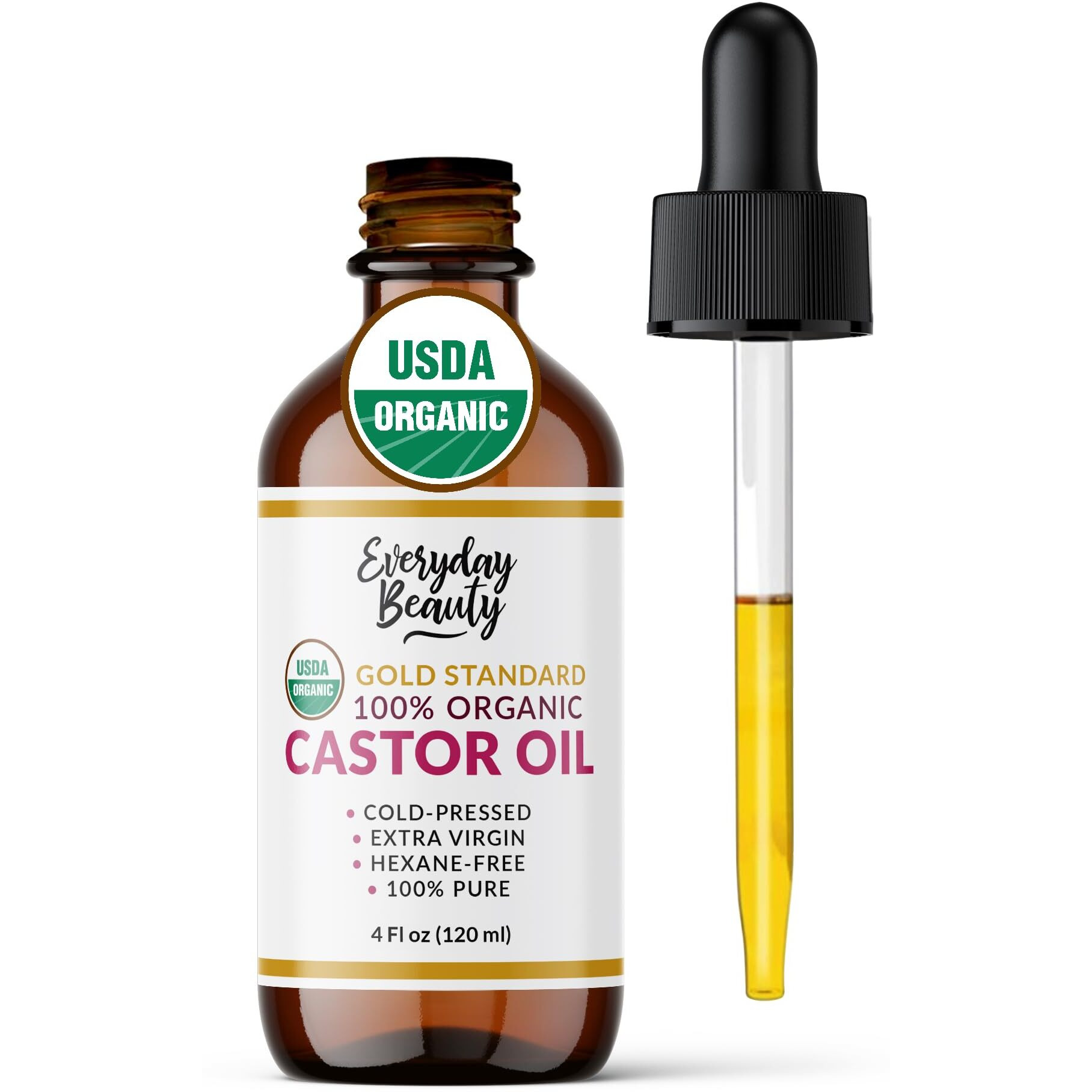 100% Organic Castor Oil - Gold Standard 100% Pure Certified Usda Organic In Glass Bottle & Glass Dropper, Cold Pressed & Hexane-Free, For Lashes, Brows, Hair, Skin & Wellness Packs - 4 Fl Oz
