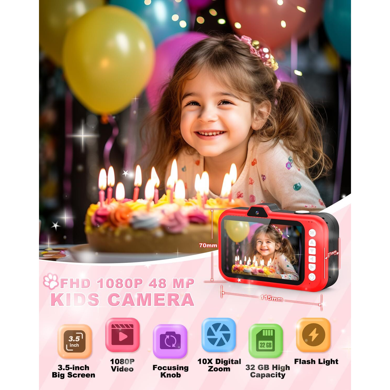 Uffylle Kids Camera, 1080P 48Mp Front Selfie Toddler Camera, 3.5 Inch Big Screen Toy Camera, 10X Zoom In Chritmas Birthday Gift Cameras For Kids Boys Girl Age 2 3 4 5 6 7 8 9 10 11 12, Red