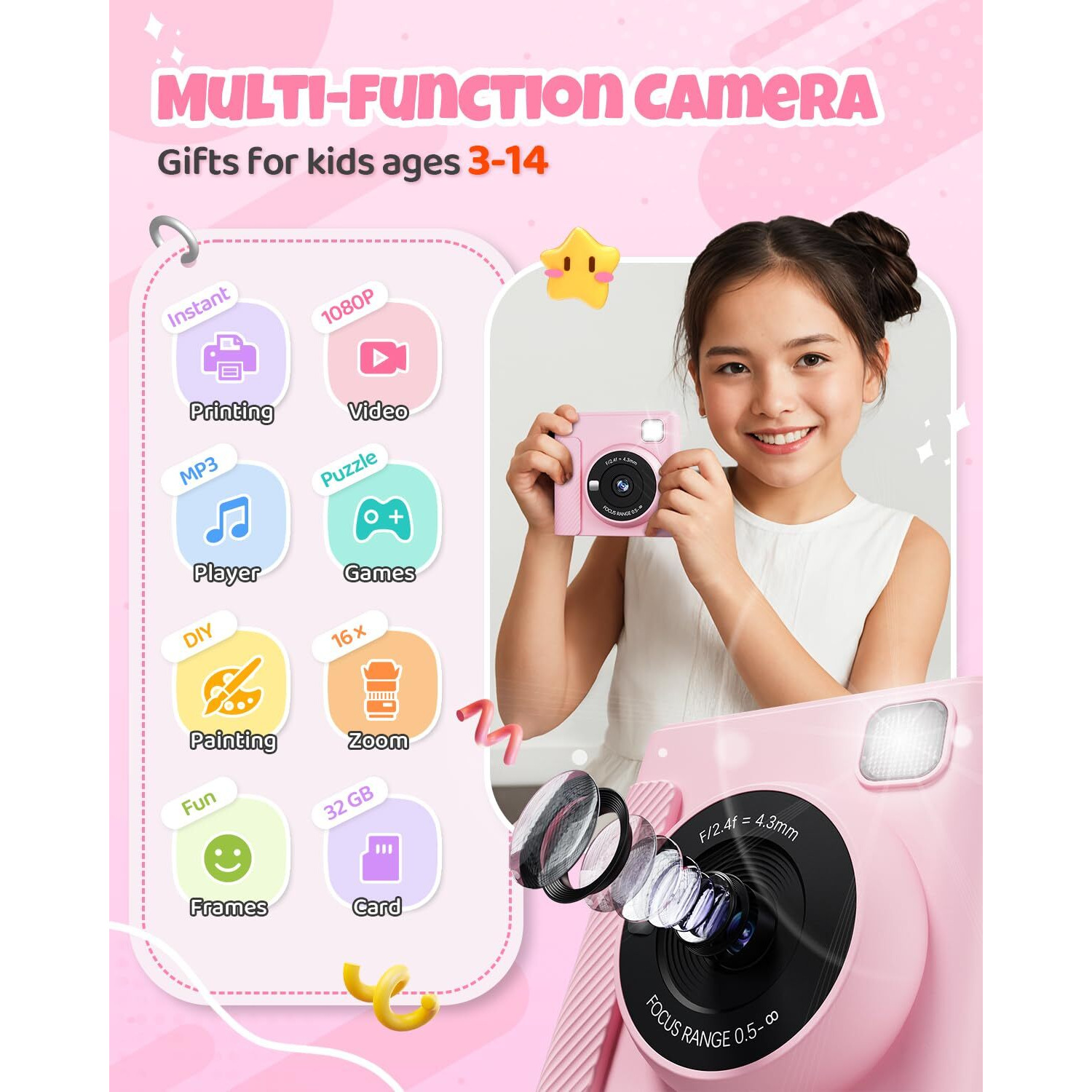 Tiatua Kids Instant Print Camera, Christmas Birthday Gifts For Girls And Boys, 1080P Hd Video Digital Kids Camera With Print Paper & 32G Card, Toddler Toy For 3-14 Years Old (Pink)