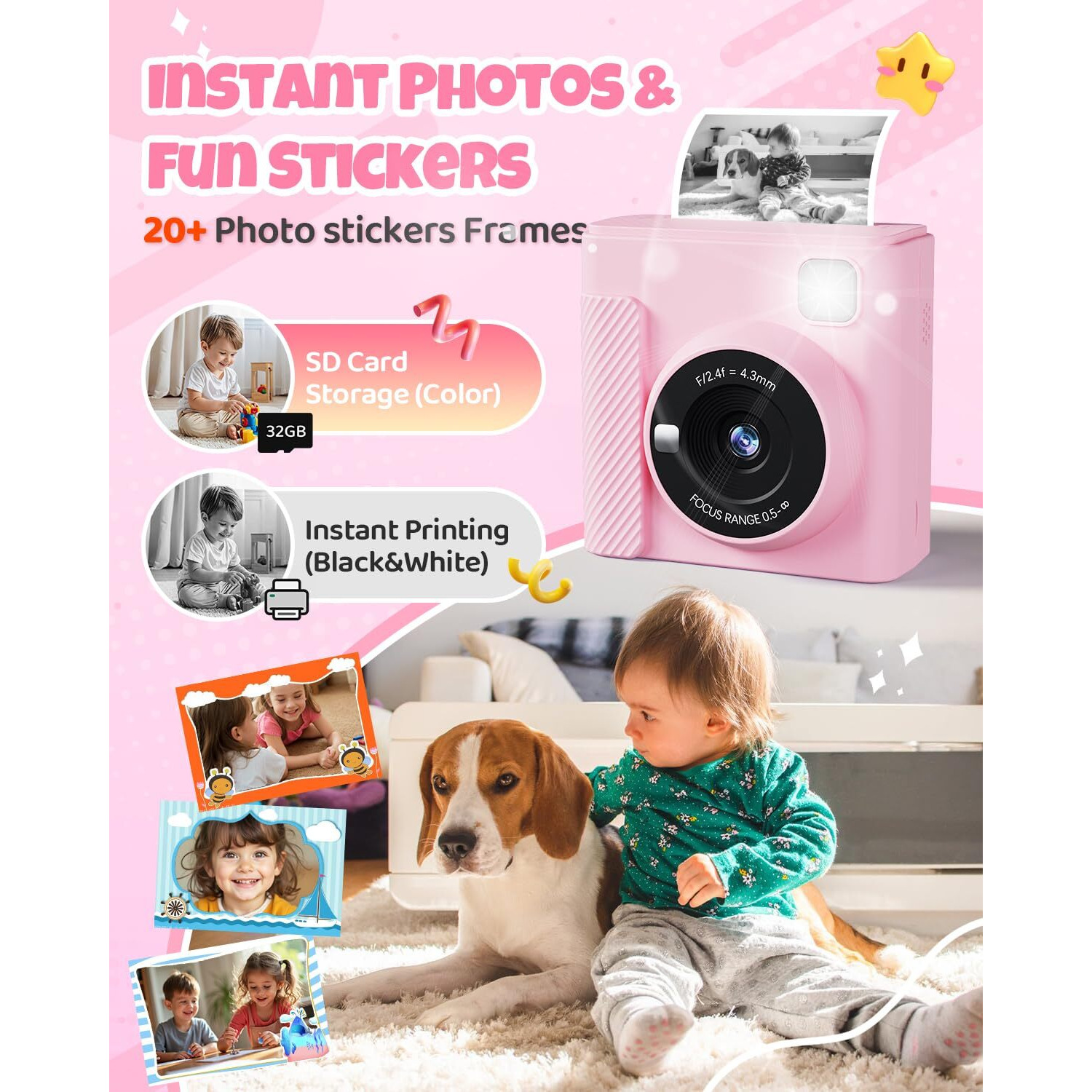 Tiatua Kids Instant Print Camera, Christmas Birthday Gifts For Girls And Boys, 1080P Hd Video Digital Kids Camera With Print Paper & 32G Card, Toddler Toy For 3-14 Years Old (Pink)