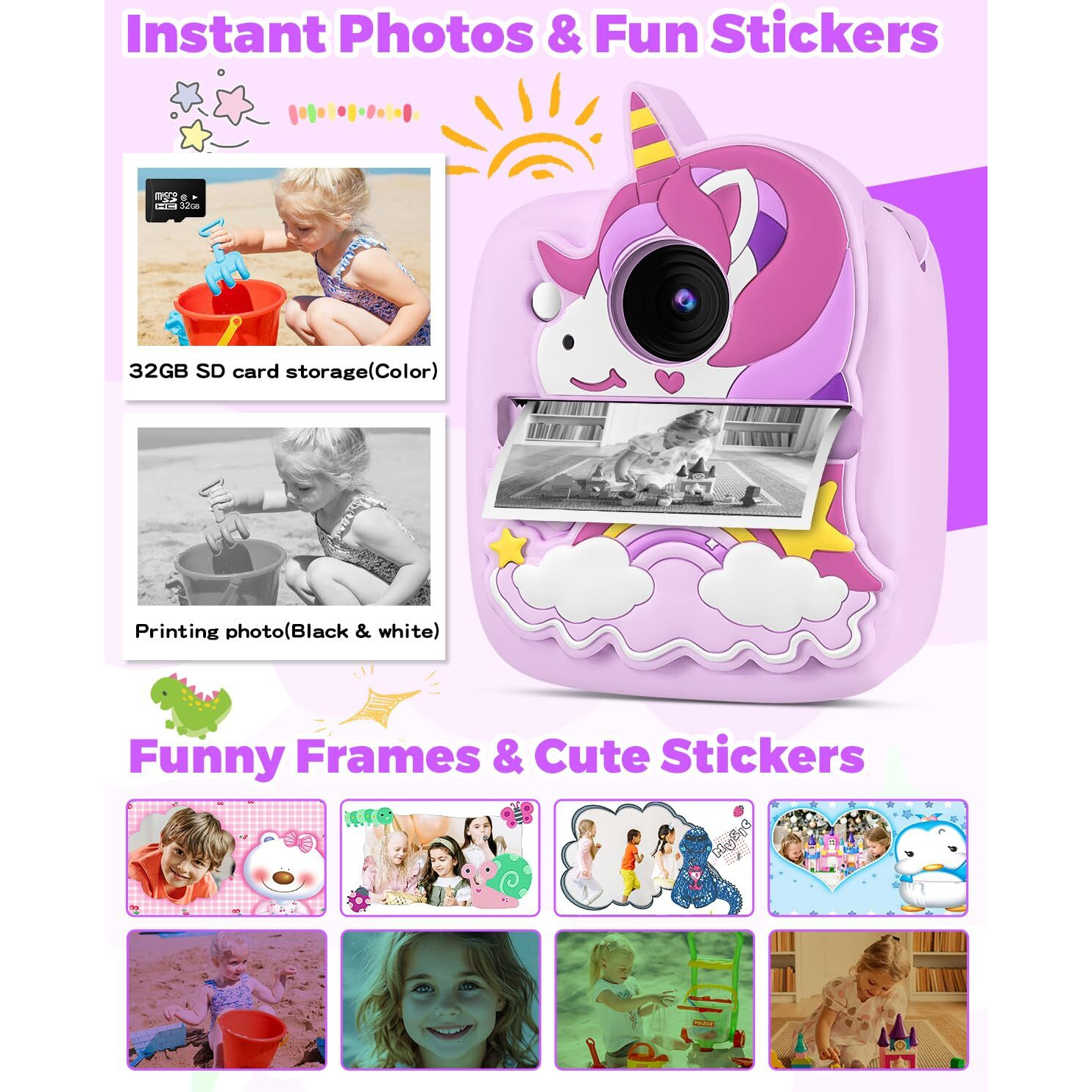 Kids Camera Instant Print, Christmas Birthday Gifts For Gils Age 3-8, 48Mp &1080P Children Camera With Silicone Cover, Portable Toy Instant Camera For Kids 3 4 5 6 7 8 9 10 Year Old Girls