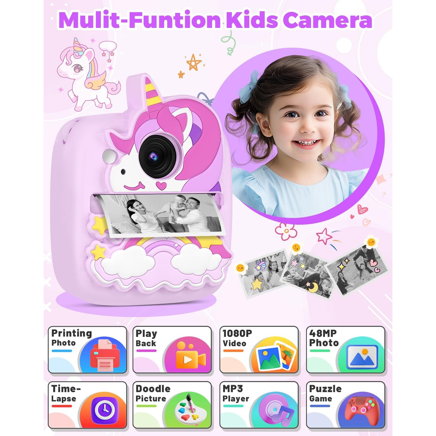 Kids Camera Instant Print, Christmas Birthday Gifts For Gils Age 3-8, 48Mp &1080P Children Camera With Silicone Cover, Portable Toy Instant Camera For Kids 3 4 5 6 7 8 9 10 Year Old Girls