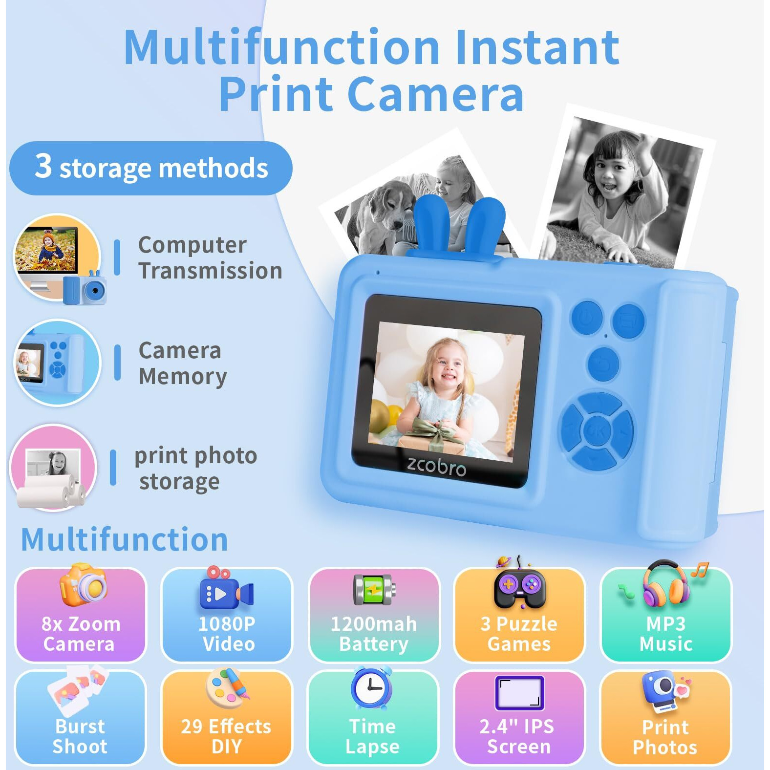 Kids Camera Instant Print For Boys And Girls Age 3-12, 1080P Kid Digital Camera With Print Paper Cameras For Kids Christmas Birthday Gifts Toy For Child 3 4 5 6 7 8 9 10 (Blue)