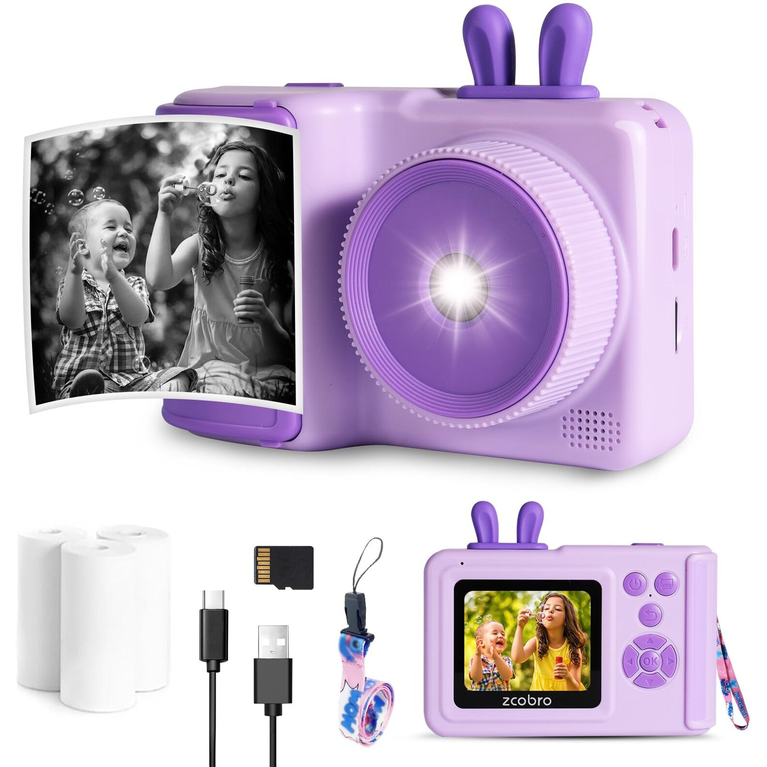 Kids Camera Instant Print Camera For Kids 1080P Toddler Camera That Print Photos Children Instant Cameras Toy For Girls Boys Age 3-12 Travel Kid Digital Camera Christmas Birthday Gifts (Purple)