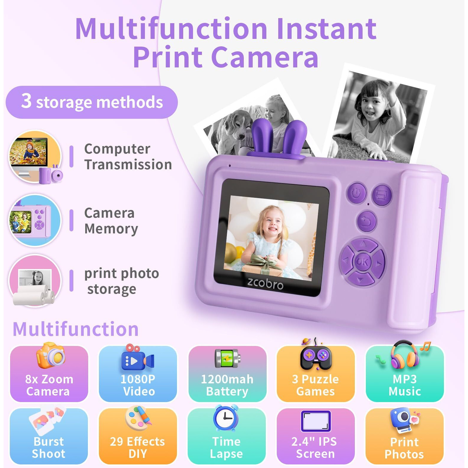 Kids Camera Instant Print Camera For Kids 1080P Toddler Camera That Print Photos Children Instant Cameras Toy For Girls Boys Age 3-12 Travel Kid Digital Camera Christmas Birthday Gifts (Purple)