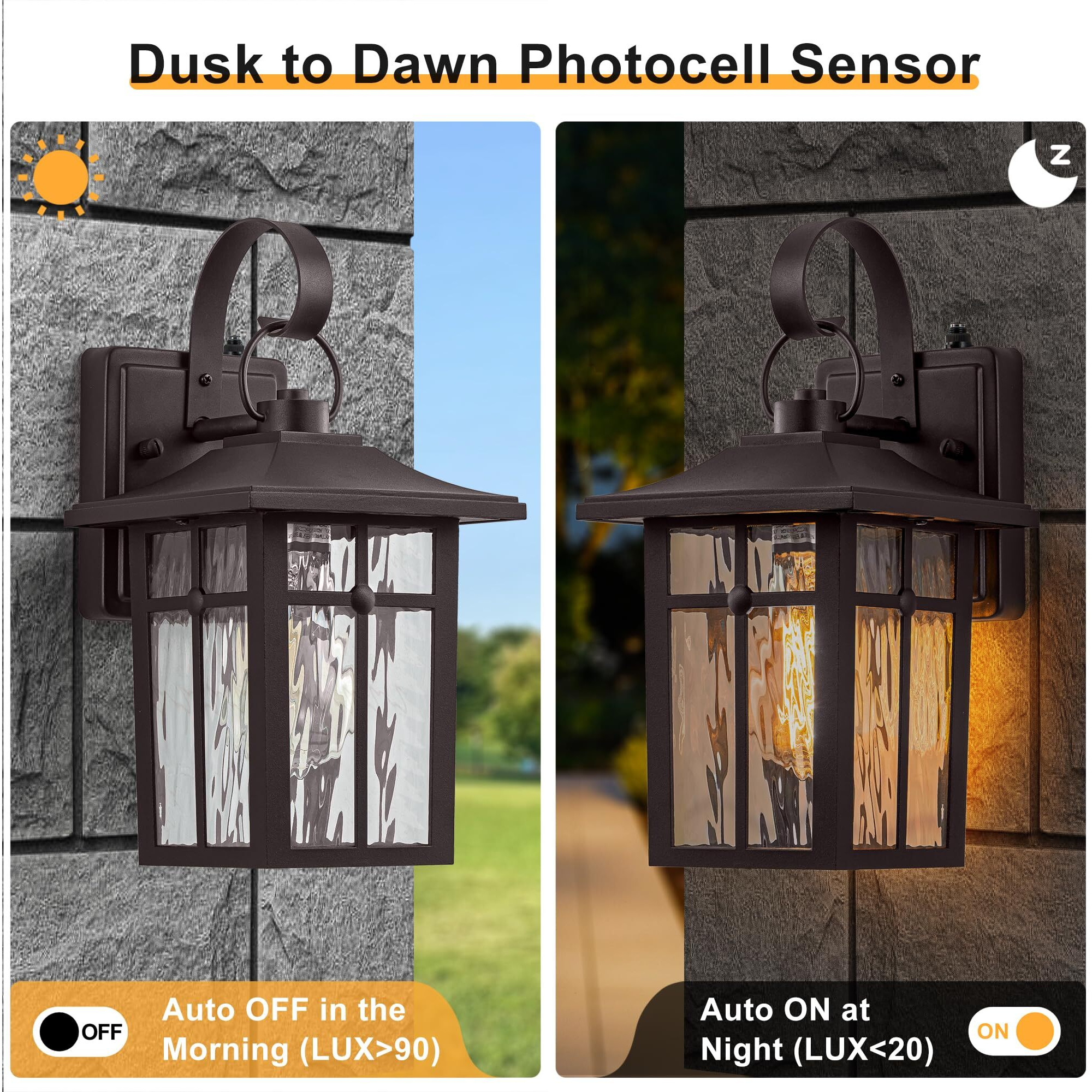 Lawyettle 2 Pack Dusk To Dawn Outdoor Lighting, Oil Rubbed Bronze Exterior Light Fixtures With Ripple Glass, Waterproof Porch Lights, Outside Lantern Light For Entryway, Garage, Patio