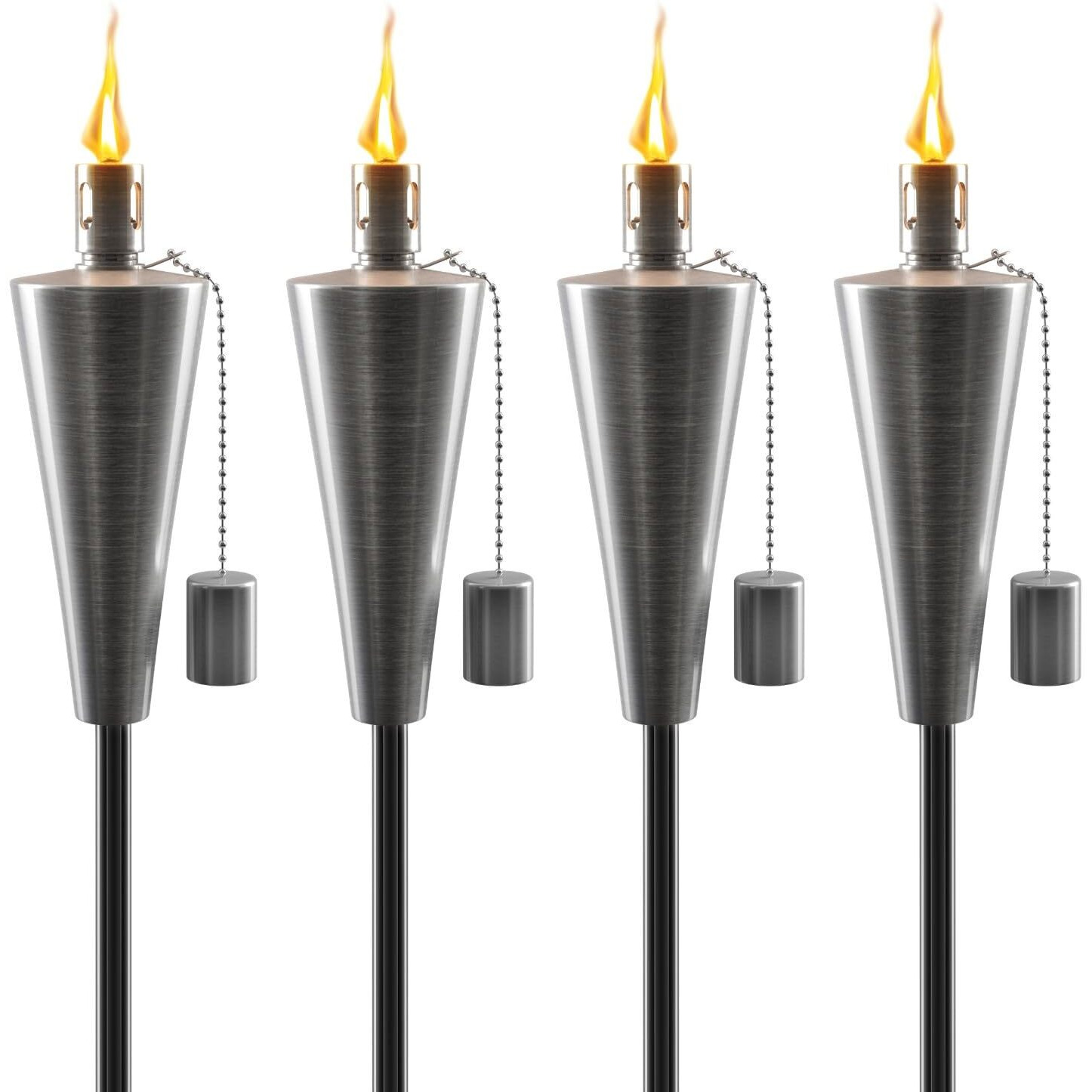 Matney Stainless Steel Tiki Torches For Outside - Outdoor Torches - Patio Garden & Yard Lights - 5 Ft Oil Lamp For Citronella - Fiberglass Wick & Snuffer Cap - Set Of 4 (Cone)
