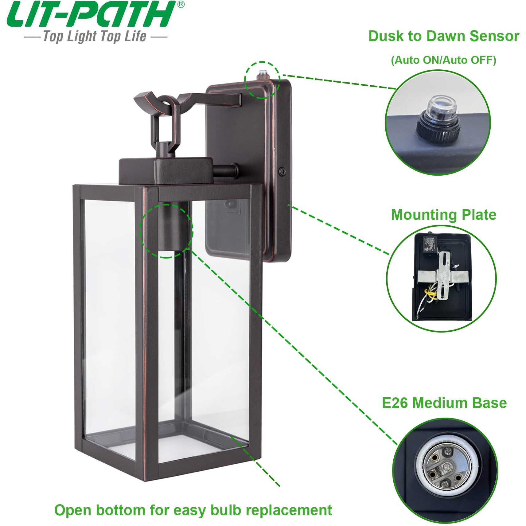 Lit-Path Dusk To Dawn Outdoor Wall Lantern, Wall Sconce As Porch Lighting Fixture, E26 Medium Base Max 60W, Anti-Rust Metal With Glass Shade, Oil Rubbed Bronze Finish, 1-Pack