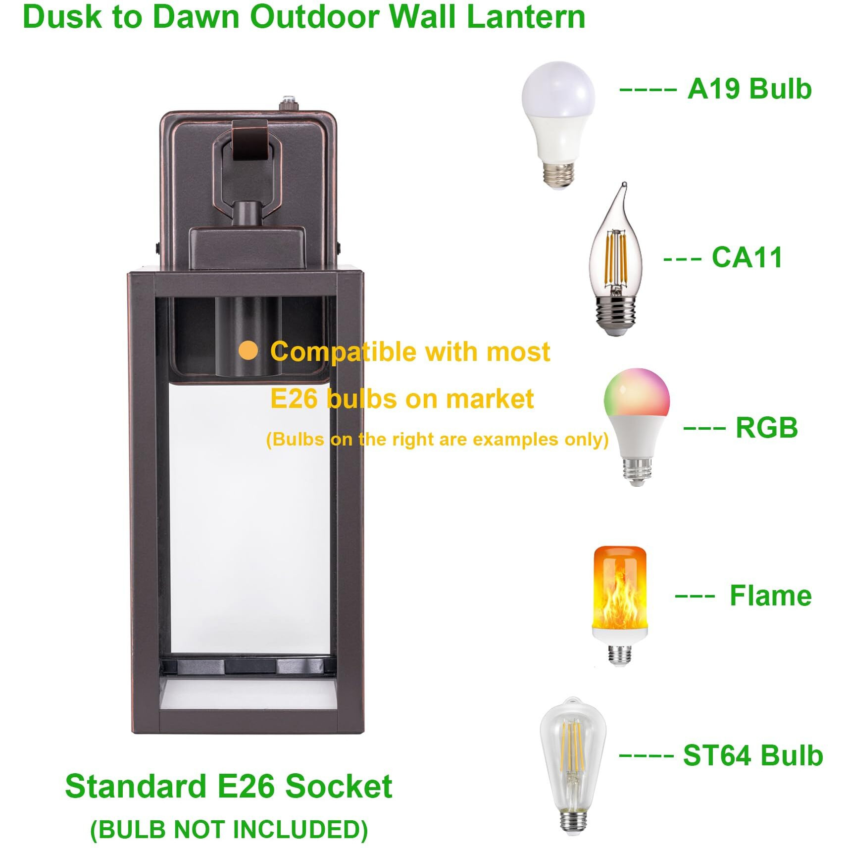 Lit-Path Dusk To Dawn Outdoor Wall Lantern, Wall Sconce As Porch Lighting Fixture, E26 Medium Base Max 60W, Anti-Rust Metal With Glass Shade, Oil Rubbed Bronze Finish, 1-Pack