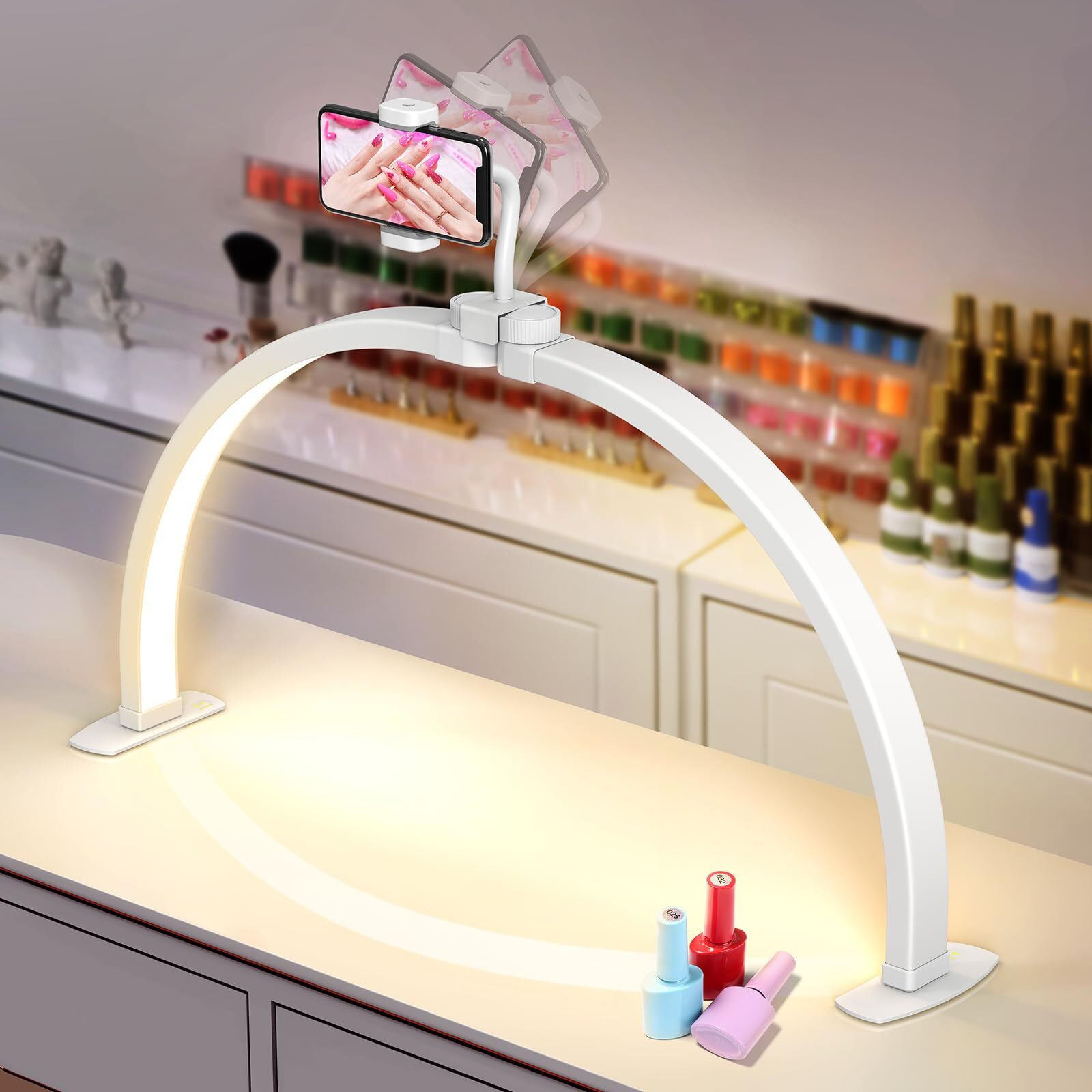 Half Moon Light For Nail Desk 23"" Foldable Half Moon Nail Desk Lamp With Phone Holder For Nail Beginner - Arch Nail Tech Light With 3 Color Modes & 10 Brightness For Manicure Salon (White, Small)