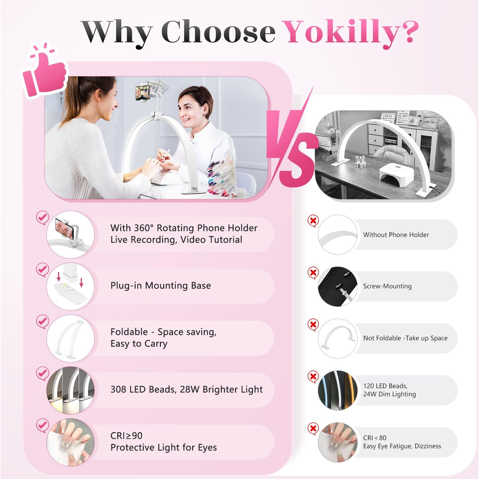 Half Moon Light For Nail Desk 23"" Foldable Half Moon Nail Desk Lamp With Phone Holder For Nail Beginner - Arch Nail Tech Light With 3 Color Modes & 10 Brightness For Manicure Salon (White, Small)