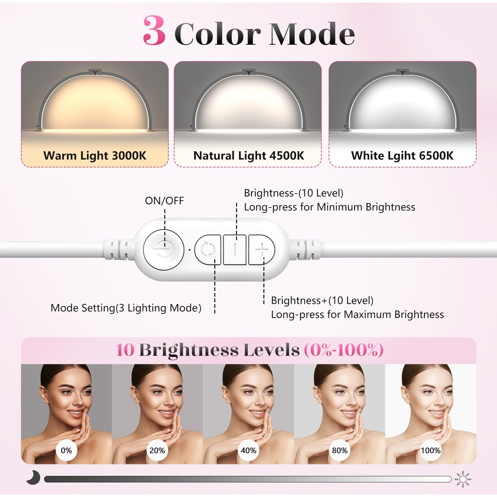 Half Moon Light For Nail Desk 23"" Foldable Half Moon Nail Desk Lamp With Phone Holder For Nail Beginner - Arch Nail Tech Light With 3 Color Modes & 10 Brightness For Manicure Salon (White, Small)
