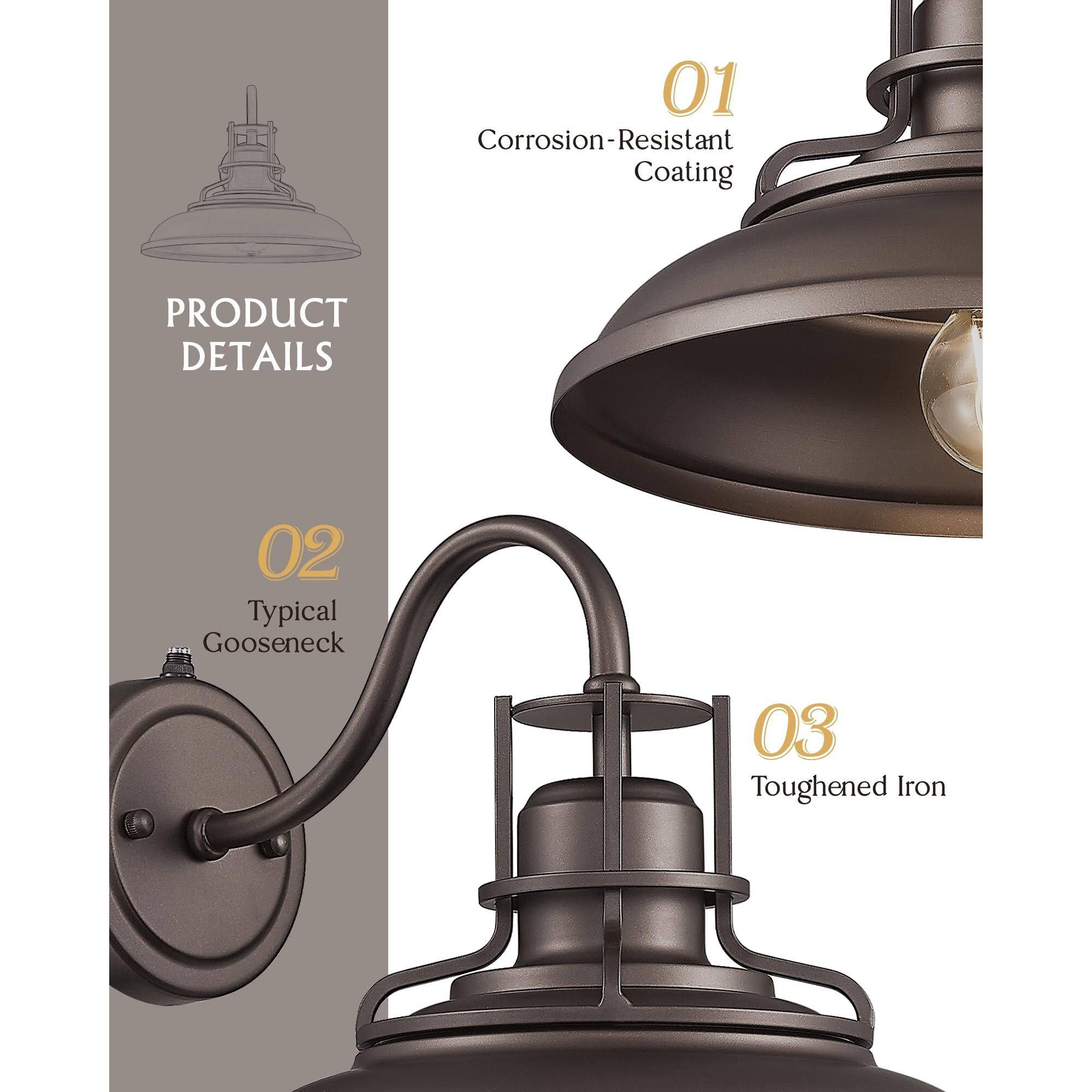 Femila Dusk To Dawn Barn Lights, 12"" Oil-Rubbed Bronze Gooseneck Outdoor Light Fixture, Exterior Lighting Fixtures, Outdoor Porch Light With E26 Base, 4Fy15-1W Pc Orb