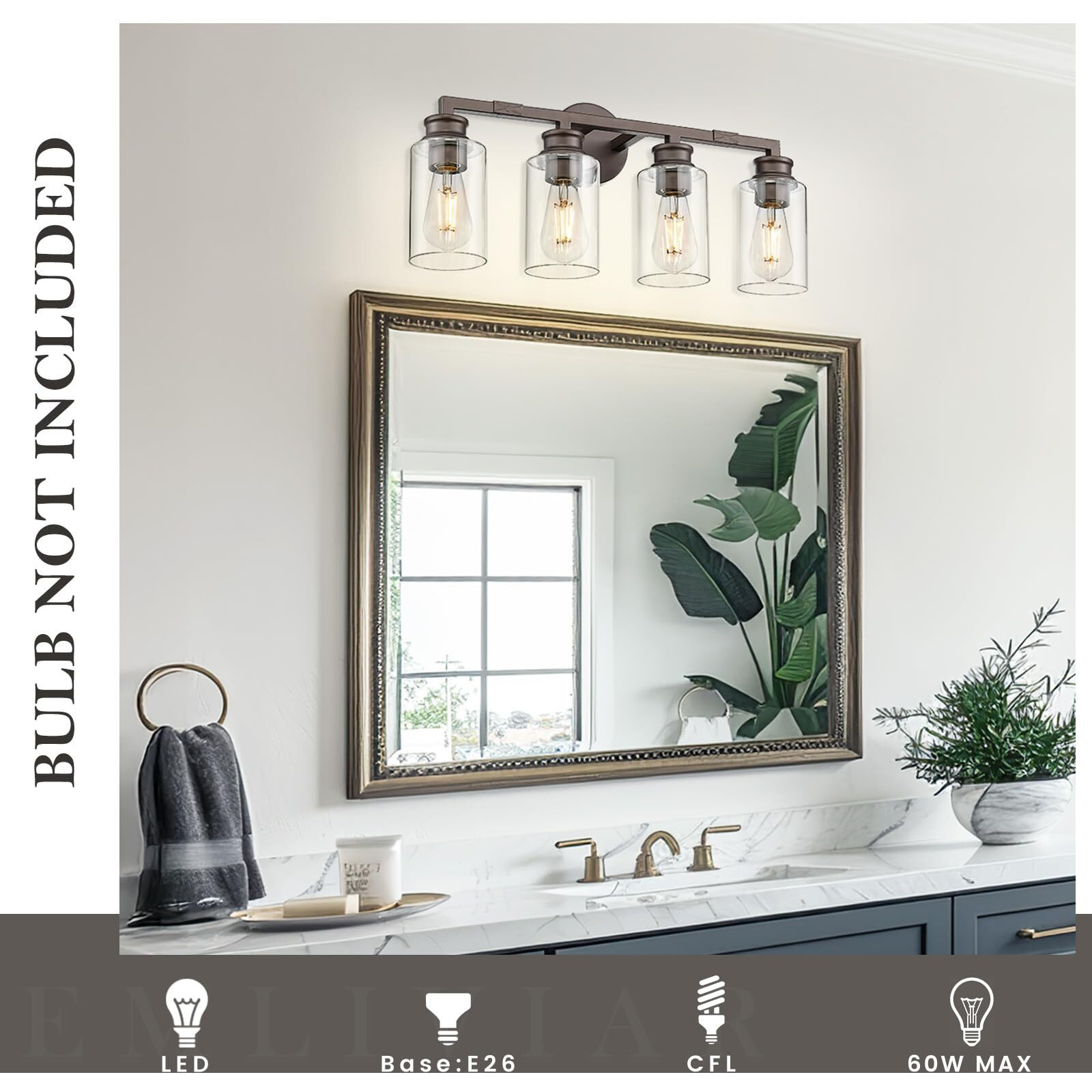 Emliviar 23 Inch Vanity Light Above Mirror For Bathroom, Oil Rubbed Bronze Finish 4-Light Wall Sconce With Clear Glass Shade, Yce253B-4W Orb