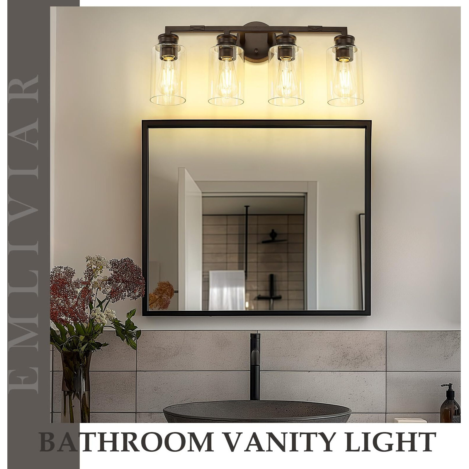 Emliviar 23 Inch Vanity Light Above Mirror For Bathroom, Oil Rubbed Bronze Finish 4-Light Wall Sconce With Clear Glass Shade, Yce253B-4W Orb