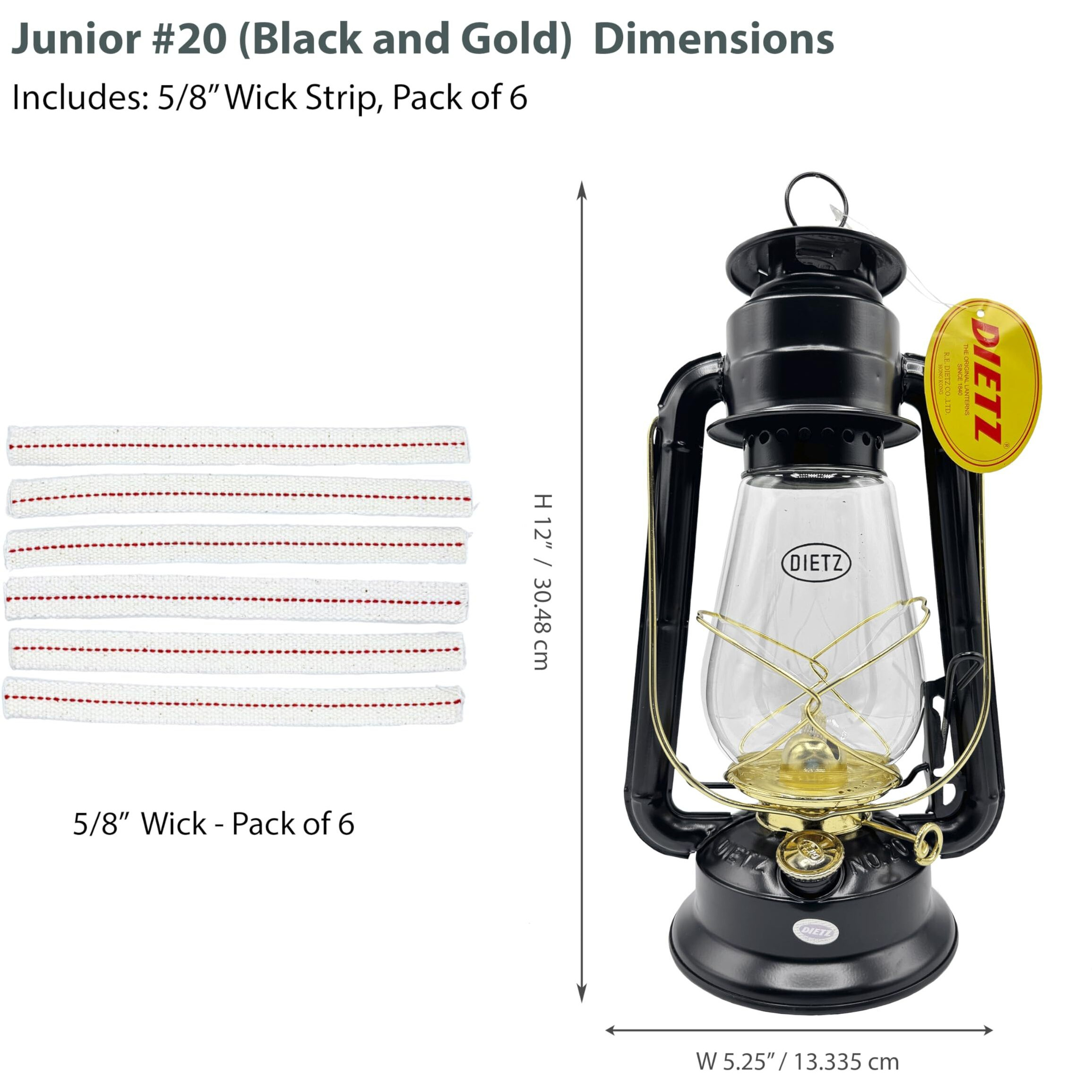Light Of Mine - Dietz 20 Junior Black With Gold Oil Lantern With 100% Cotton 5/8"" Replacement Wick Strips (Black And Gold)